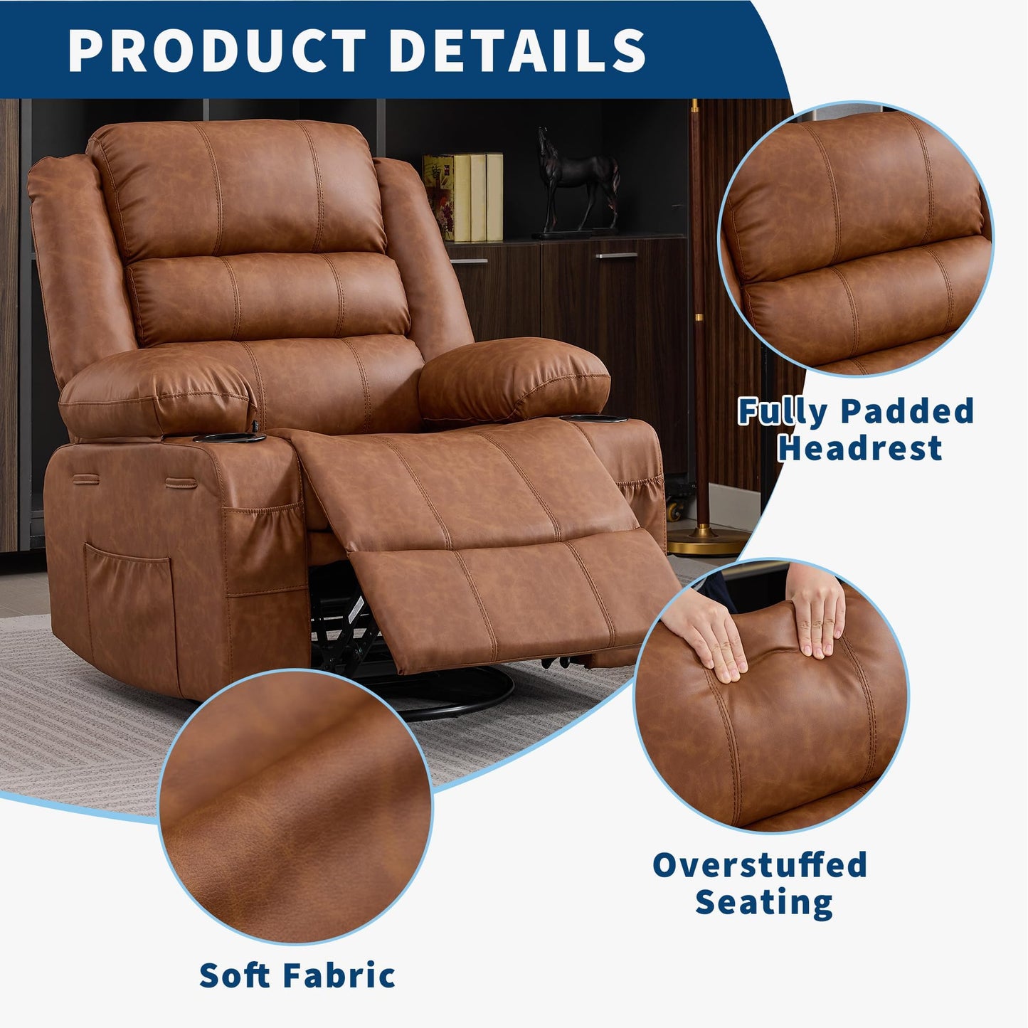Rocking Recliner Chair for Adults PU Leather Wide Upholstered Glider Recliner with Cup Holder Deep Seat Single Sofa Rocker Chair for Nursery Living Room