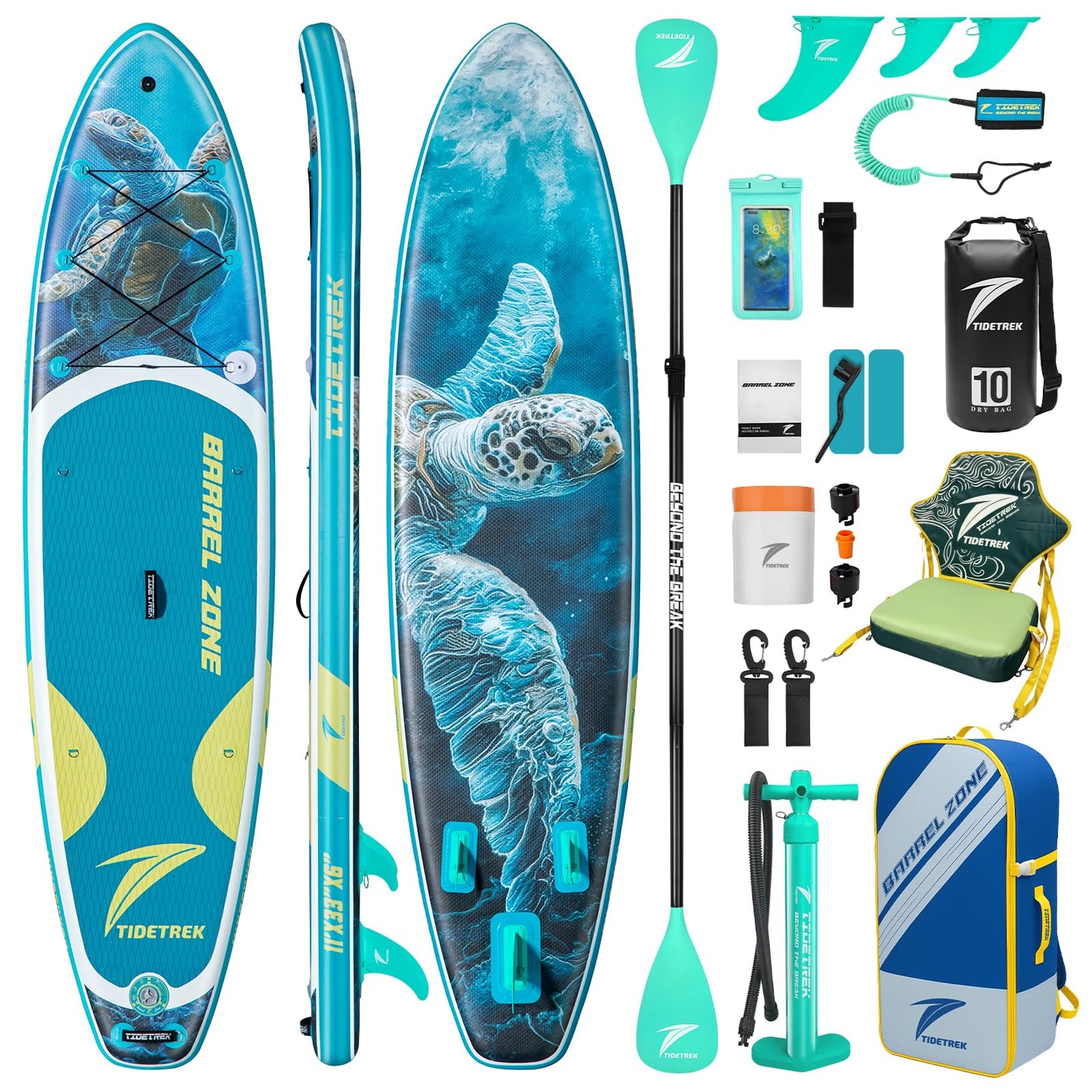 TIDETREK 11'/11'6" x 33"/34" x 6" Inflatable SUP Paddle Board – Extra-Wide, Stable Stand Up Paddle Board with Premium Full Accessory Set for Adults & Youth (Blue Turtle/Kayak Seat, 11'x33 x6)