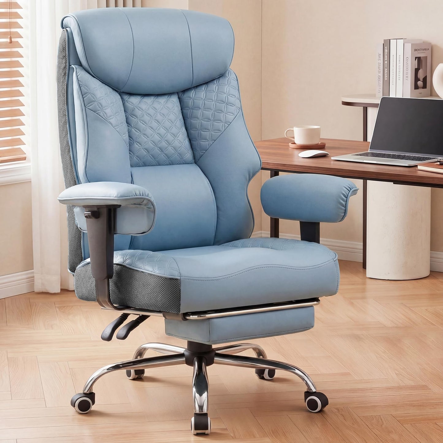 GTPLAYER Big and Tall Office Chair, High Back Computer Gaming Chair with Ergonomic Lumbar Support &Pocket Spring Cushion for Lower Back Pain Relief, Leather Executive Chair with Foot Rest, Blue