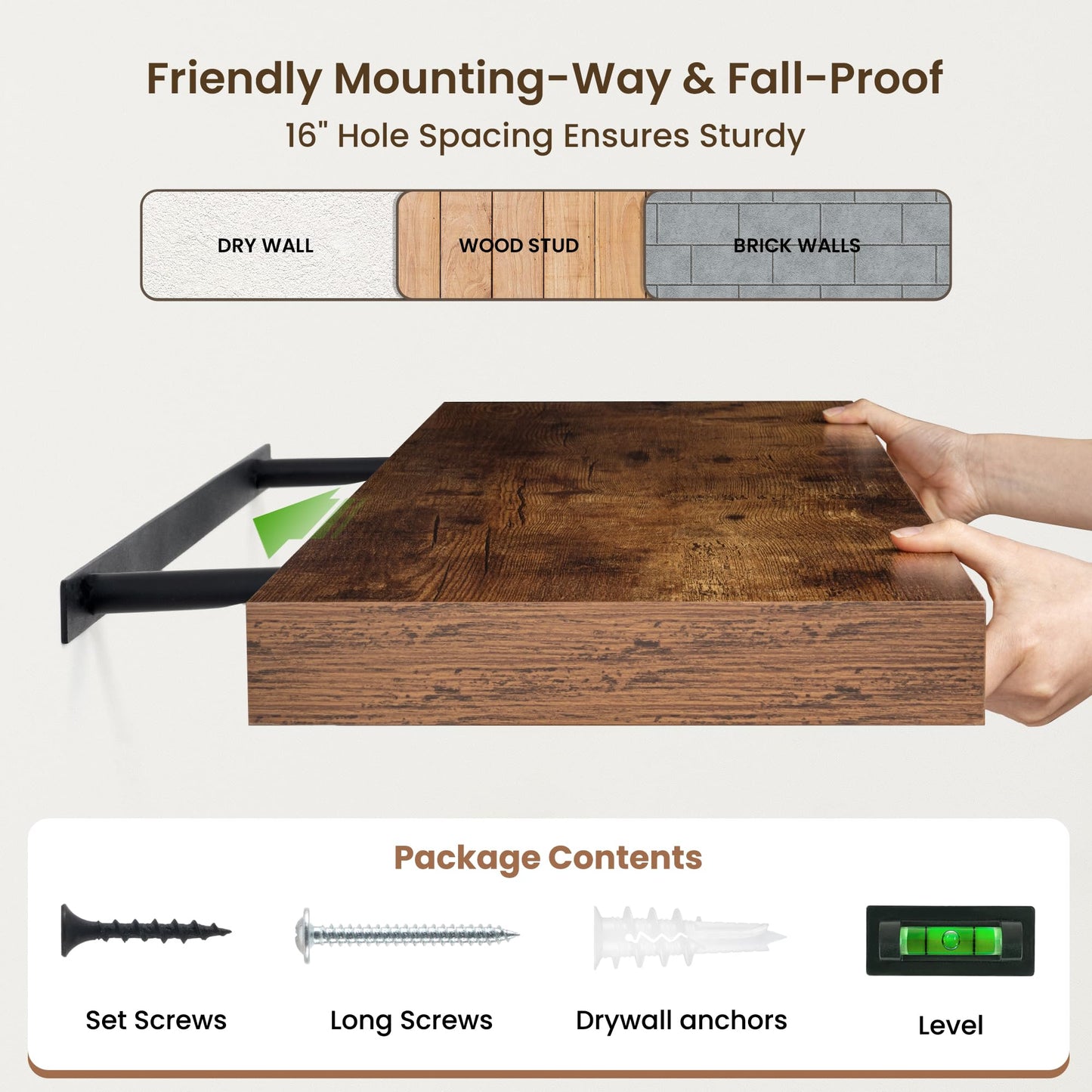 FLYJOE 72 Inch Floating Shelves | 12 Inch Deep Floating Shelves Set of 2 | 72" W x 12" D Rustic Brown Wood Wall Shelves for Bathroom Living Room Kitchen Laundry Room