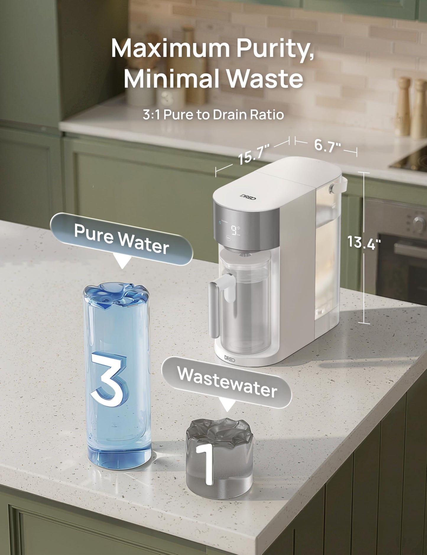 DREO Reverse Osmosis Water Filter Countertop, RO Filtration System, 3:1 Pure to Drain, TDS & Filter Life & 2 Autofill Pitchers, Install-Free, Self-Cleaning Water Purifier, RO Water Filter
