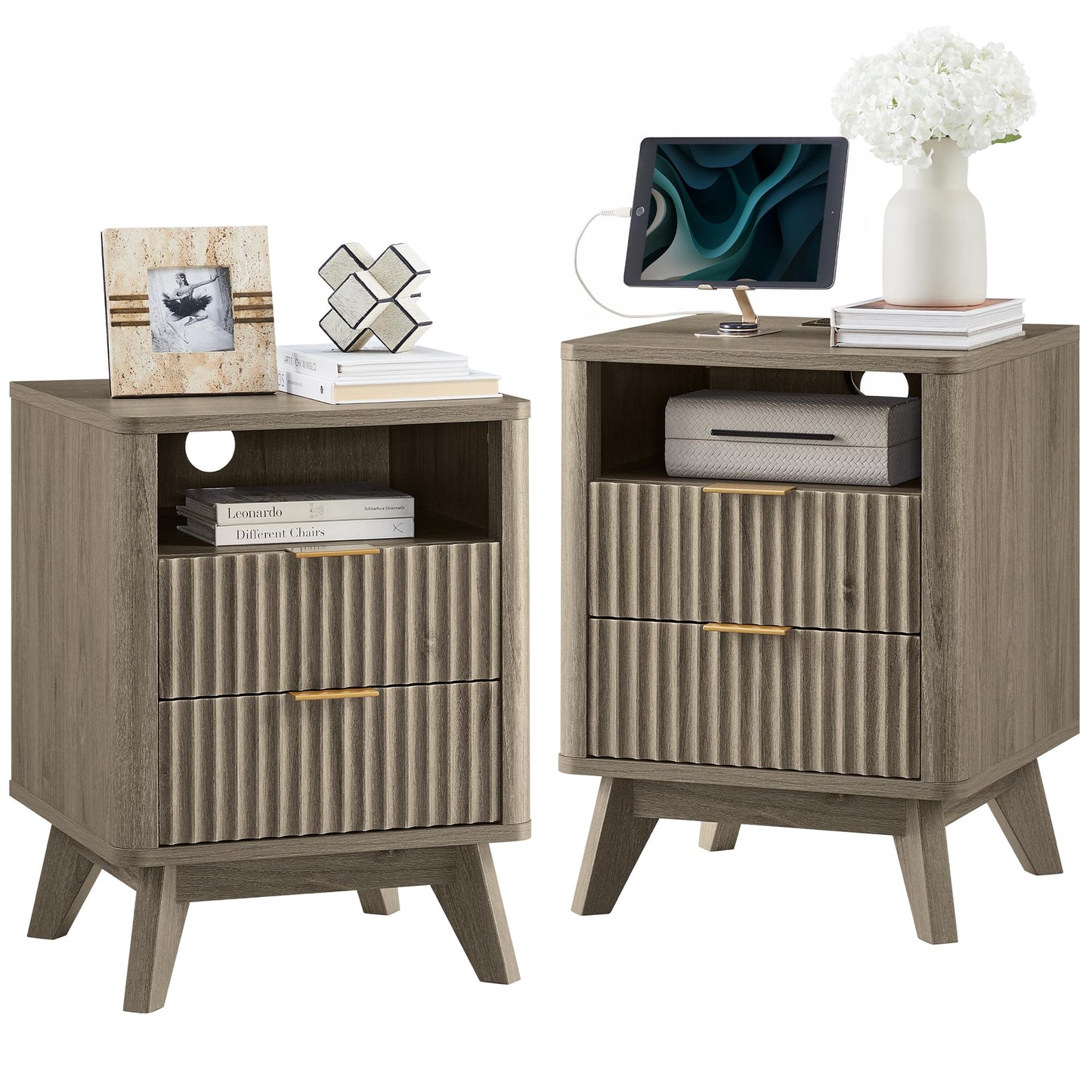T4TREAM Fluted Nightstand Set of 2 with Charging Station, 18" Modern Side Table with 2 Drawer, End Table w/Storage, Bedside for Bedroom, Living Room, Curved Profile Design, Grey Alder