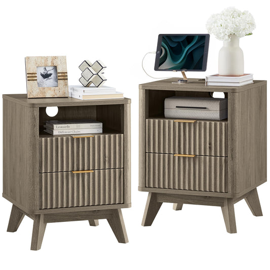 T4TREAM Fluted Nightstand Set of 2 with Charging Station, 18" Modern Side Table with 2 Drawer, End Table w/Storage, Bedside for Bedroom, Living Room, Curved Profile Design, Grey Alder
