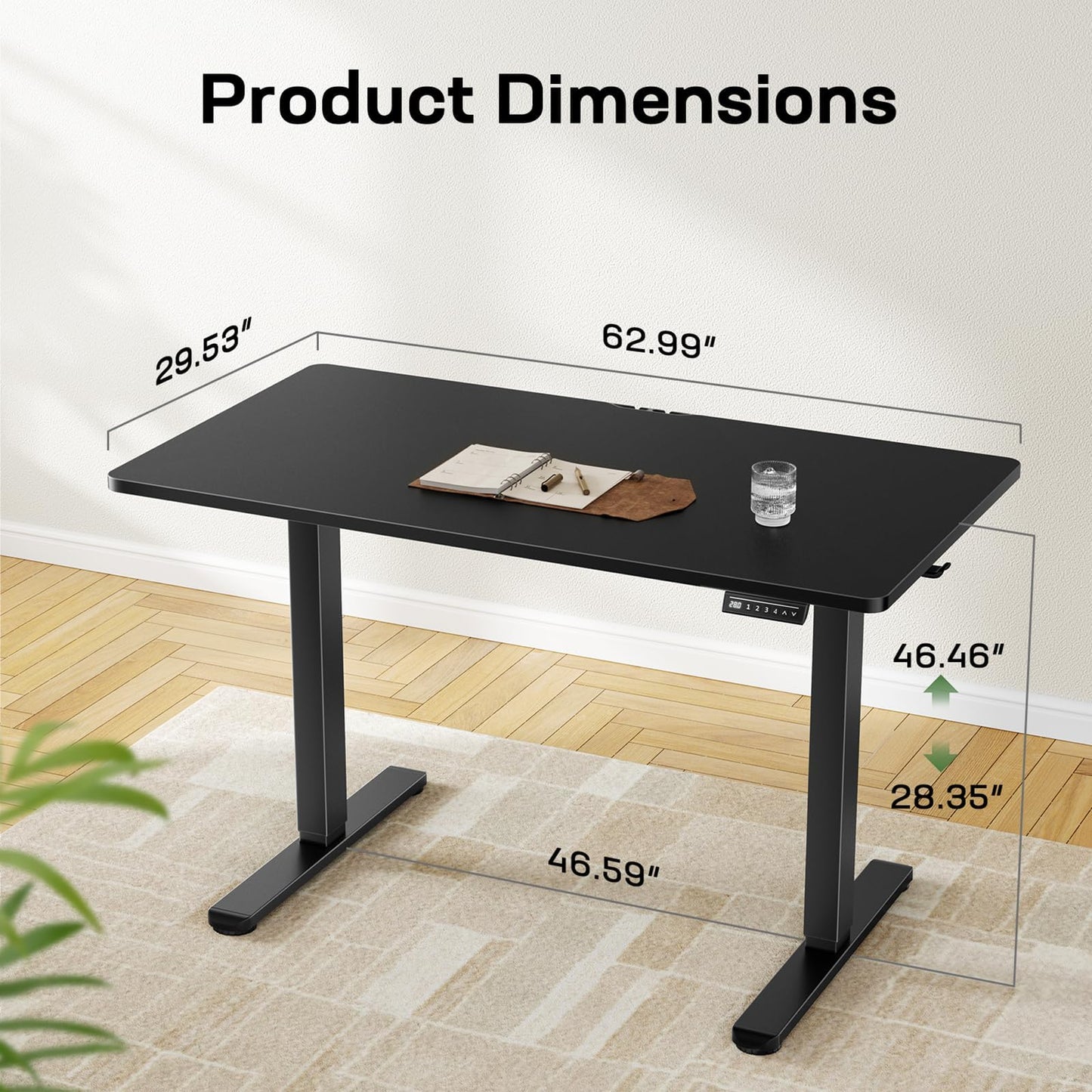 Marsail Electric Standing Desk Adjustable Height, 63 inch Large Standing Desk with Deeper Tabletop & 4 Memory Presets, One Piece Standing Desk for Home Office & Computer Workstation, Black,2 Packages