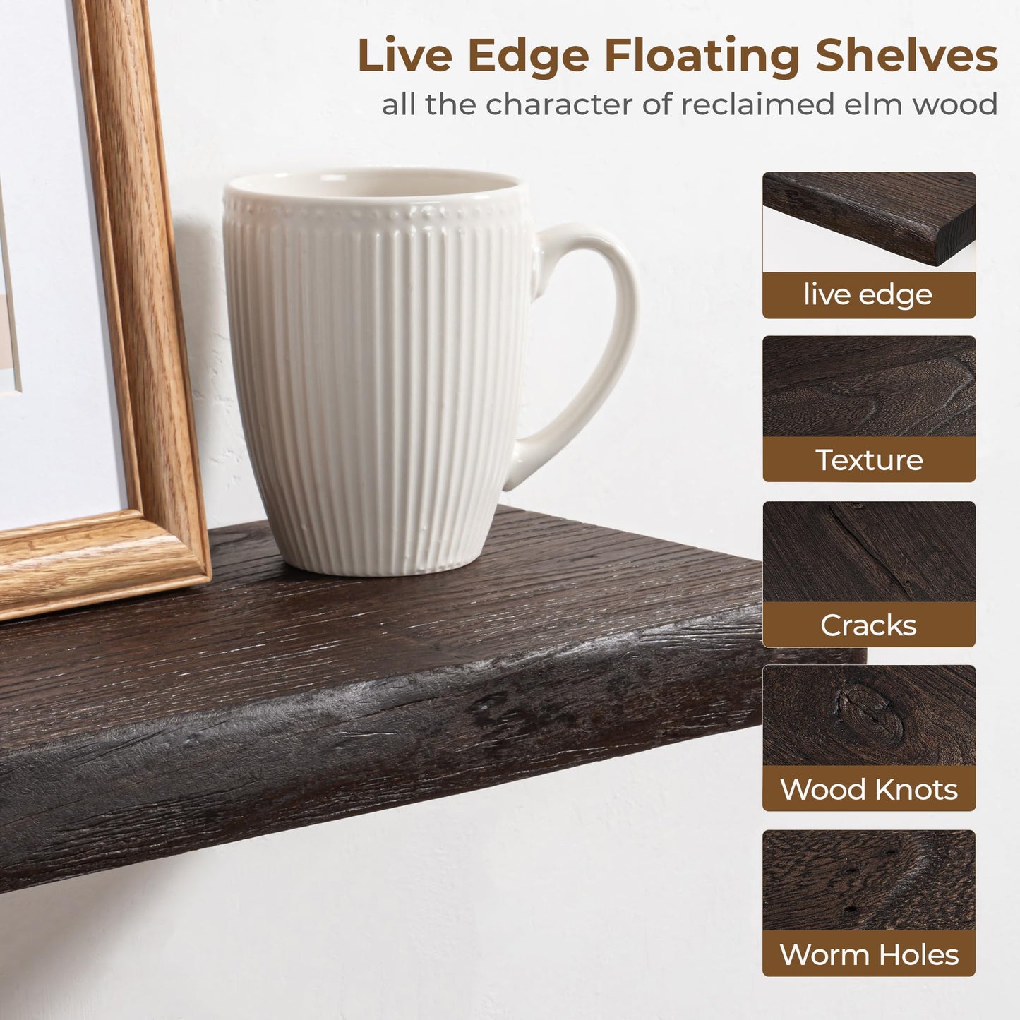Axeman 72 inch Extra Long Floating Shelves for Wall - 8'' D Live Edge Rustic Solid Elm Wood Floating Shelves Wall Mounted, Wall Shelves with Invisible Bracket for Living Room Bedroom Kitchen, Walnut