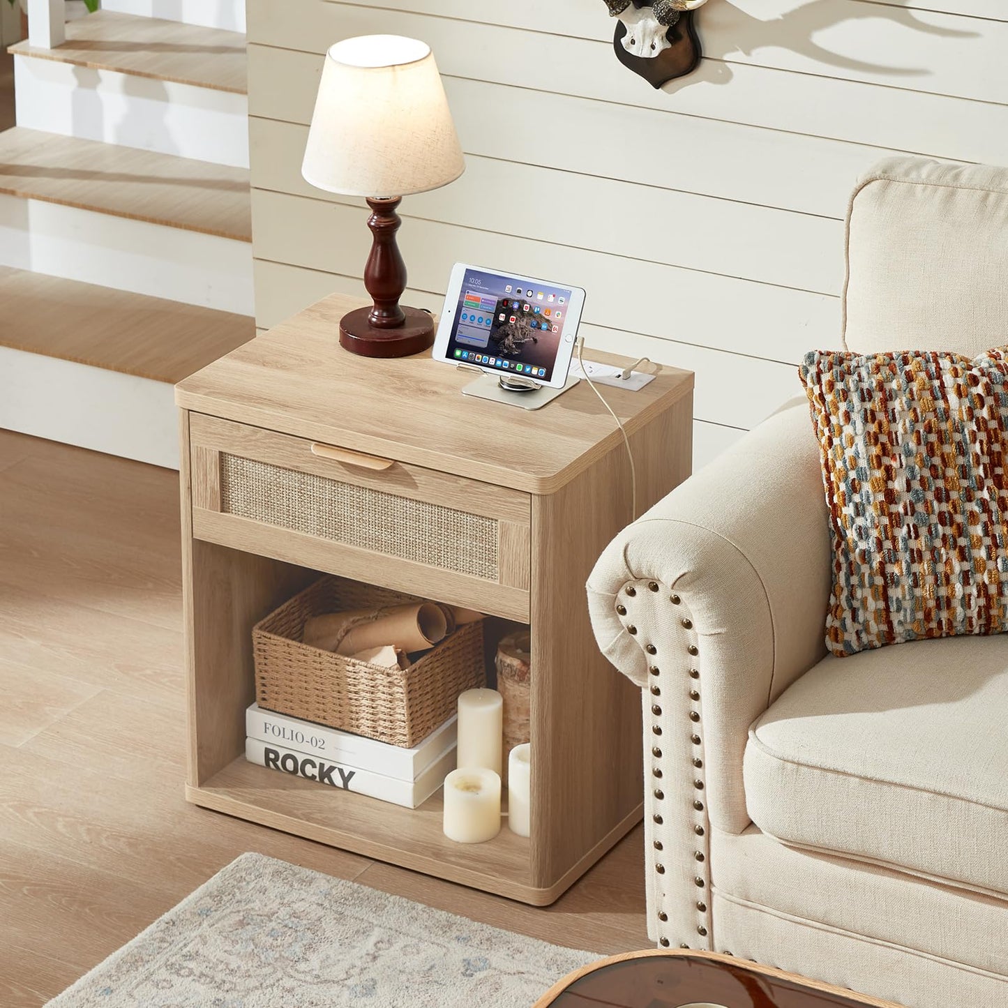 LEYAOYAO Rattan Nightstands Set of 2 with Charging Station, 23" Wide Boho Night Stand with Drawer, Natural Wood Bedside Table Open Cabinet, Bed Side End Table Dresser for Bedroom, Living Room, Hallway