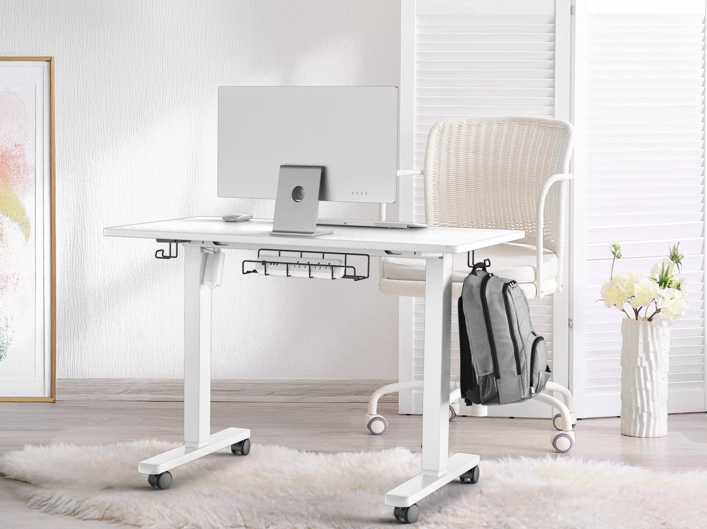 SHW 40-Inch Mobile Electric Height Adjustable Sit to Stand Desk with Drawer, Hanging Hooks and Cable Management, White
