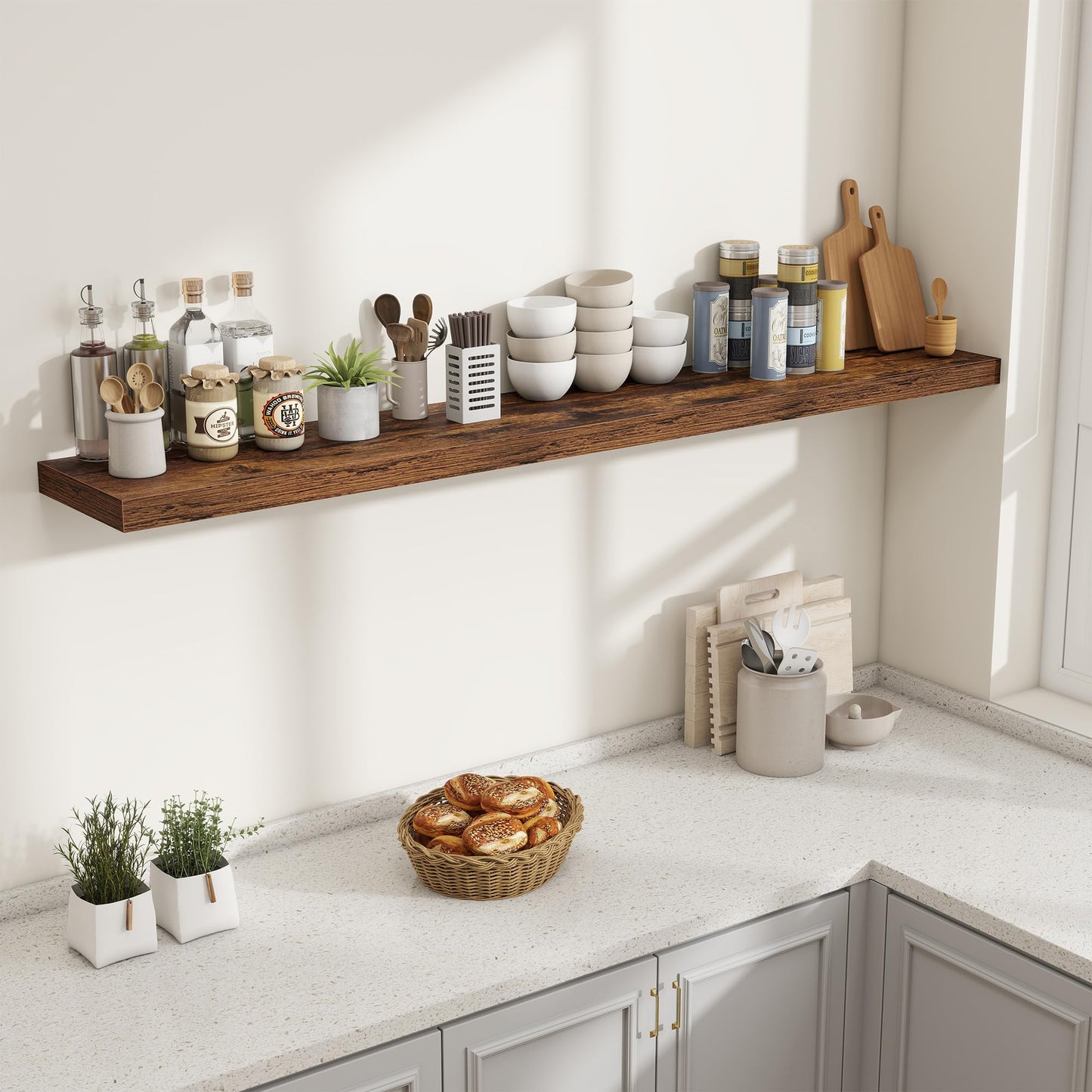Fun Memories 72 Inch Fireplace Mantel Shelf, 10 Inch Deep Shelves for Display & Wall Storage, Rustic Wood Wall Shelf, Extra Long Floating Shelves for Living Room Laundry Room, Rustic Brown, Set of 2