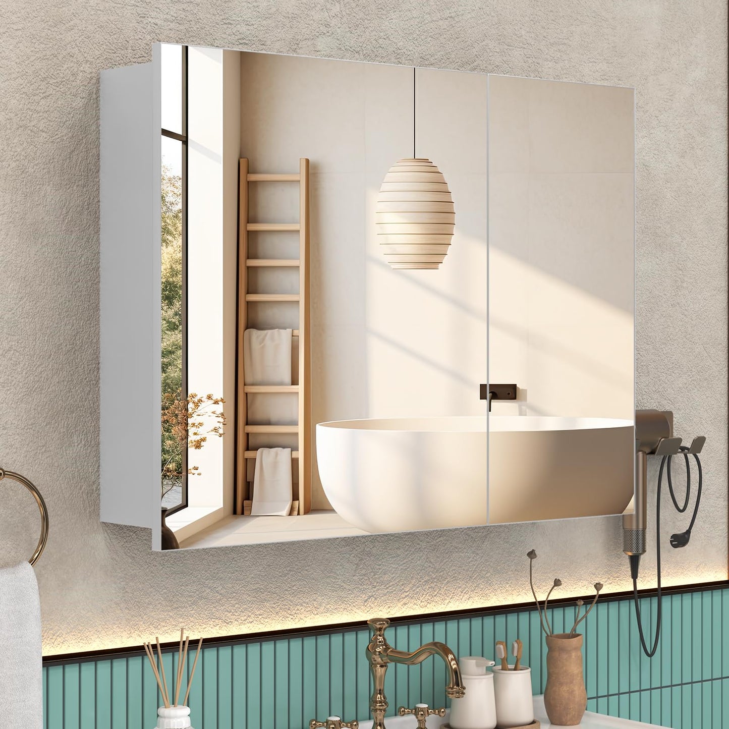 Umeiga 36x24 Medicine Cabinet Mirror with Storage, Pre-Assembled Medicine Cabinets for Bathroom, Recessed or Surface Mount Large Silver Mirrored Medicine Cabinets (Horizontal)
