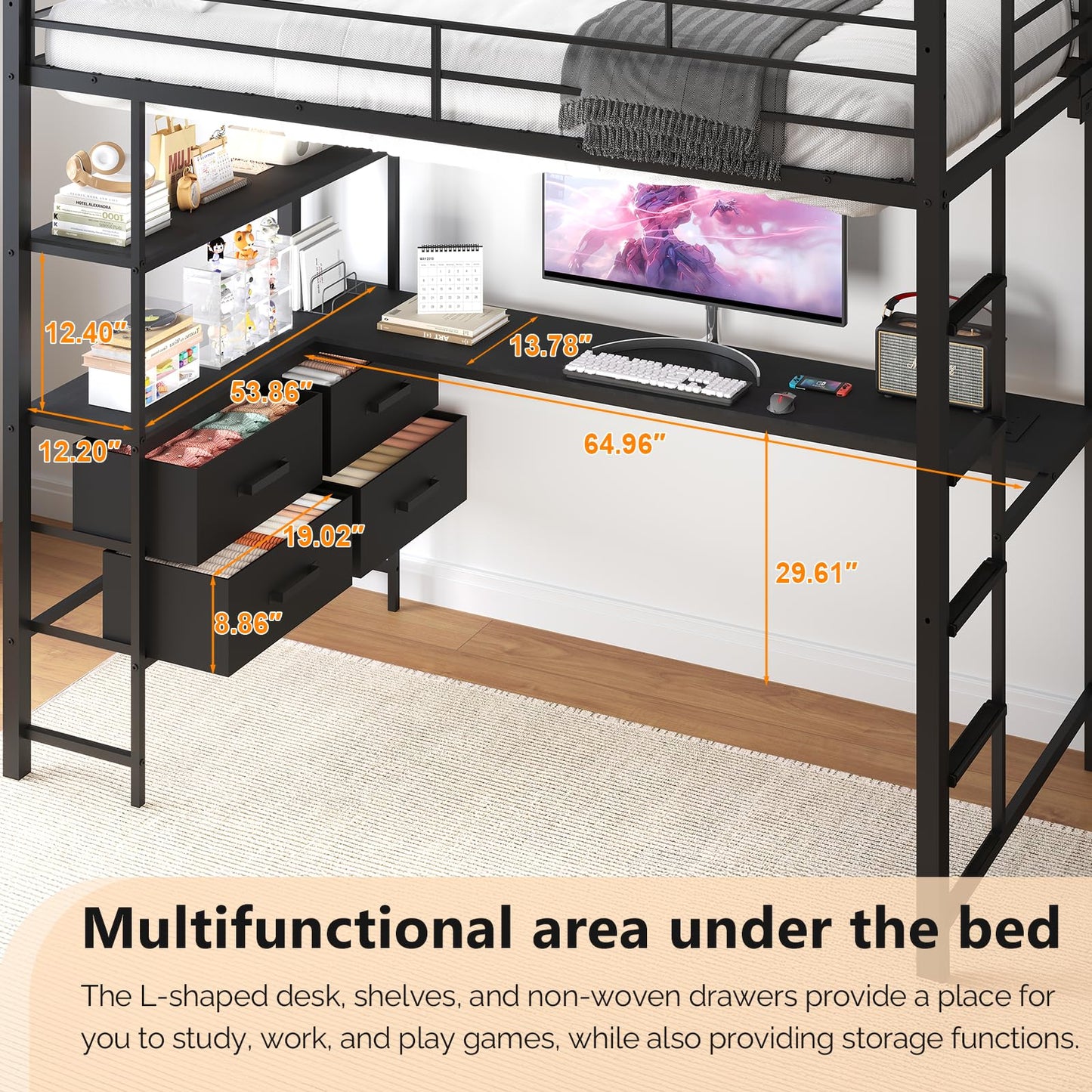 VINGLI Full Metal Loft Bed Frame with L-Shaped Desk, 15 Inches Guardrail, Non-Slip Ladder, 2 Charging Stations, Storage Shelves/4 Drawers/LED Lights, for Kids Teens Adults, No Box Spring Needed, Black