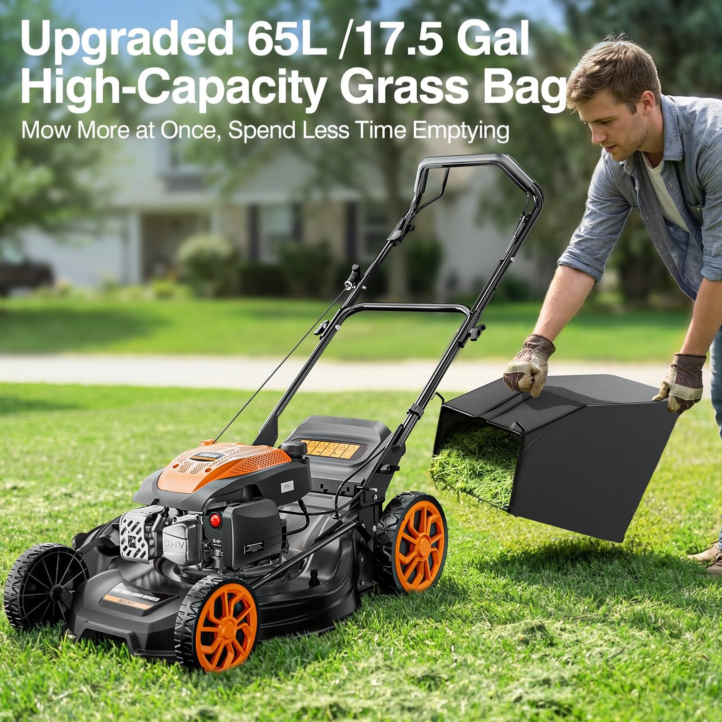 21” Self Propelled Lawn Mower Gas, 170CC 4-IN-1 Mulch/Rear Bag/Side Discharge/Rear Discharge, Walk-Behind Gas Lawnmower with 7-Position Cutting Height, Foldable Gas Powered Lawn Mowers for Lawn Garden