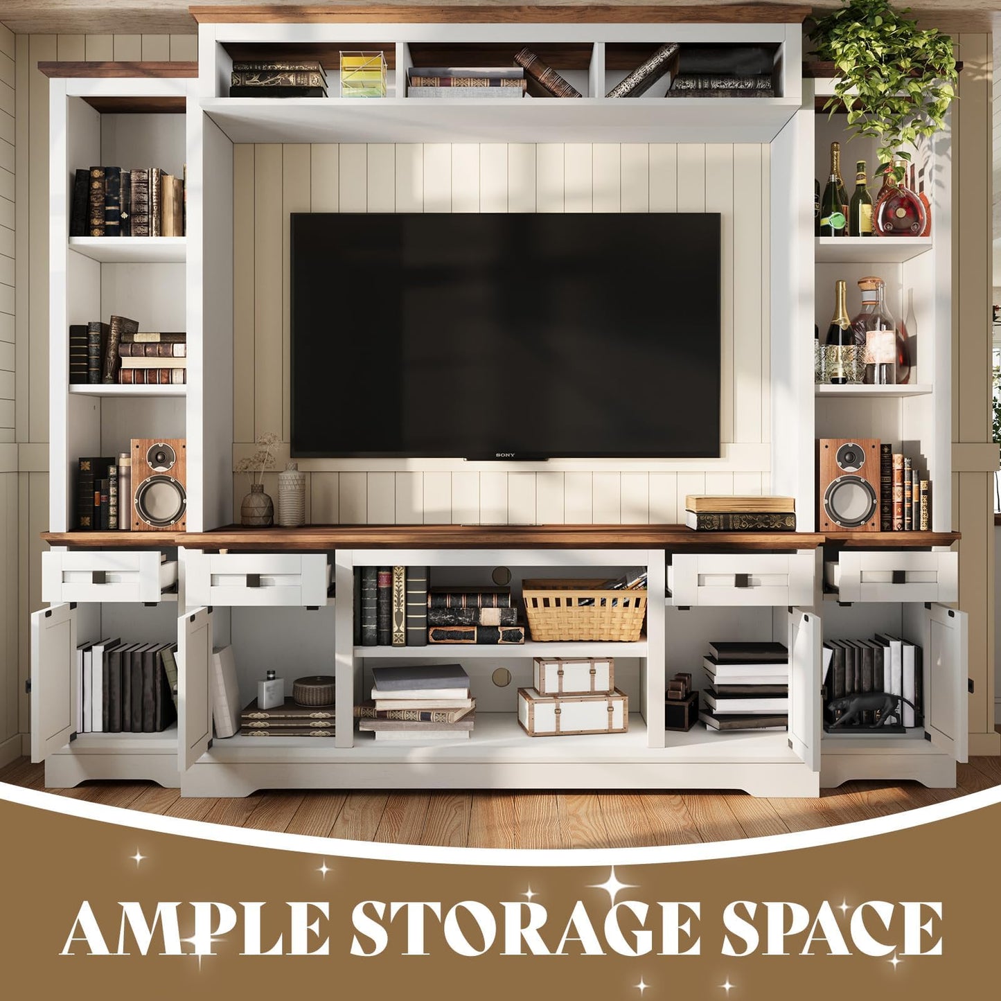 AMERLIFE 98" Farmhouse Wall Unit Entertainment Center with Bookshelves, Wine Cabinet, Fits 75" TVs, Rustic Media Console for Living Room, Large TV Stand with Power Outlets & Barn Door, Off-White