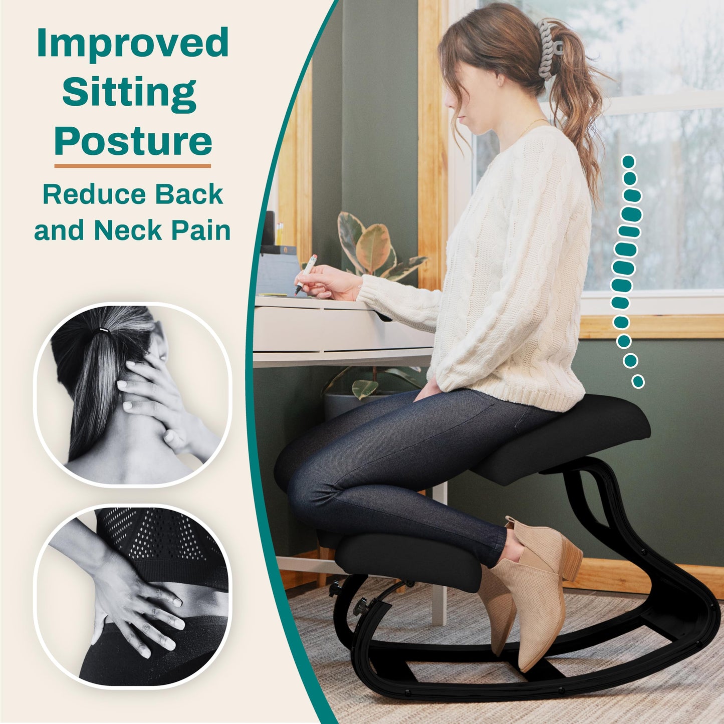 NYPOT Ergonomic Kneeling Chair with Adjustable Seats - Knee Chair for Posture Correction & Kneel Rocking Stool for Desk - Back Pain Relief and Support for Home and Office - Modern Total Black