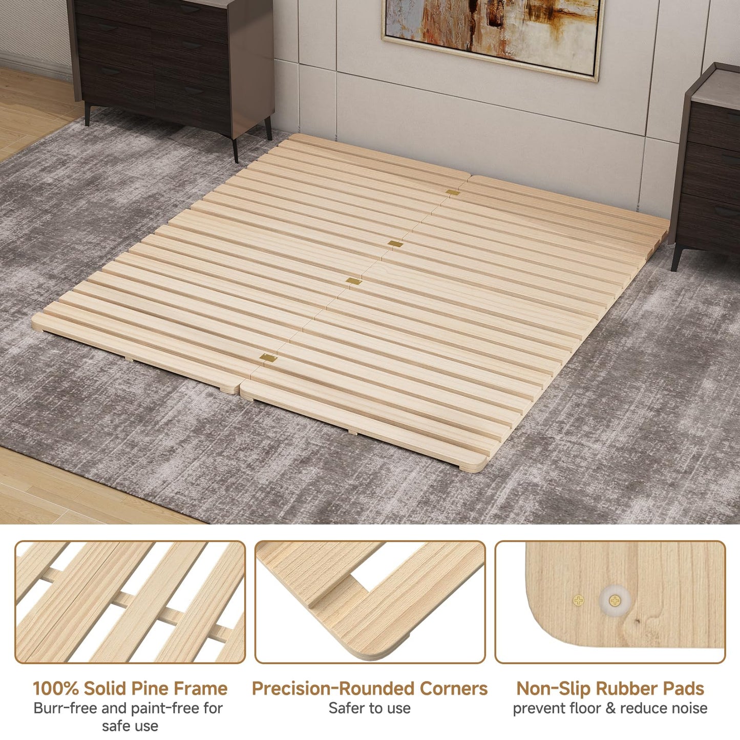 LILYPELLE Floor Bed Frame, Breathable Moisture-Proof Bed Plate, Foldable Tatami Bed Frame, Solid Wood Slatted Floor Bed Frame, Japanese Floor Bed for Floor Sleeping or Futon Mattress, King