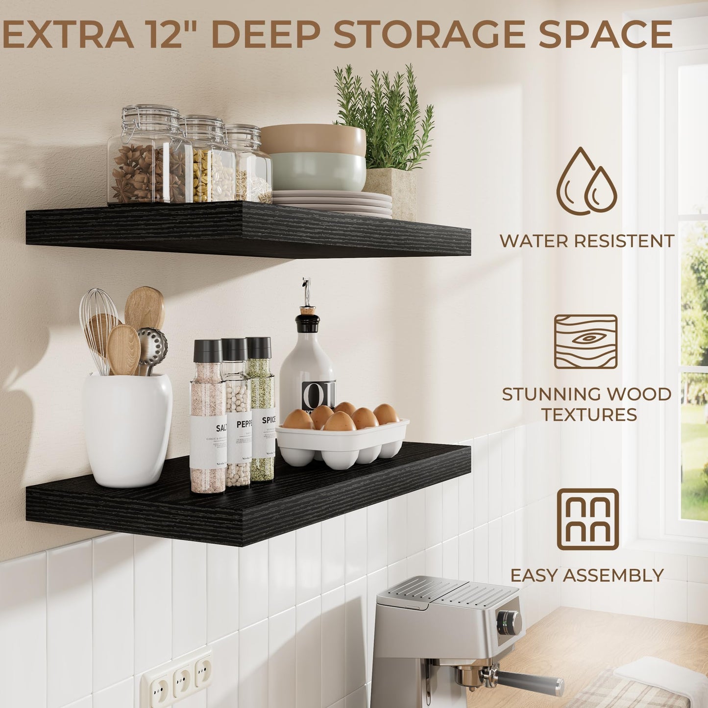 RICHFOCUS 72 Inch 12" D Floating Shelves for Wall 2 Pack Long Wall Shelves for Room Wall|Large Wood Hanging Shelf with Invisible Brackets for Bathroom Bedroom Kitchen Laundry Room, Black