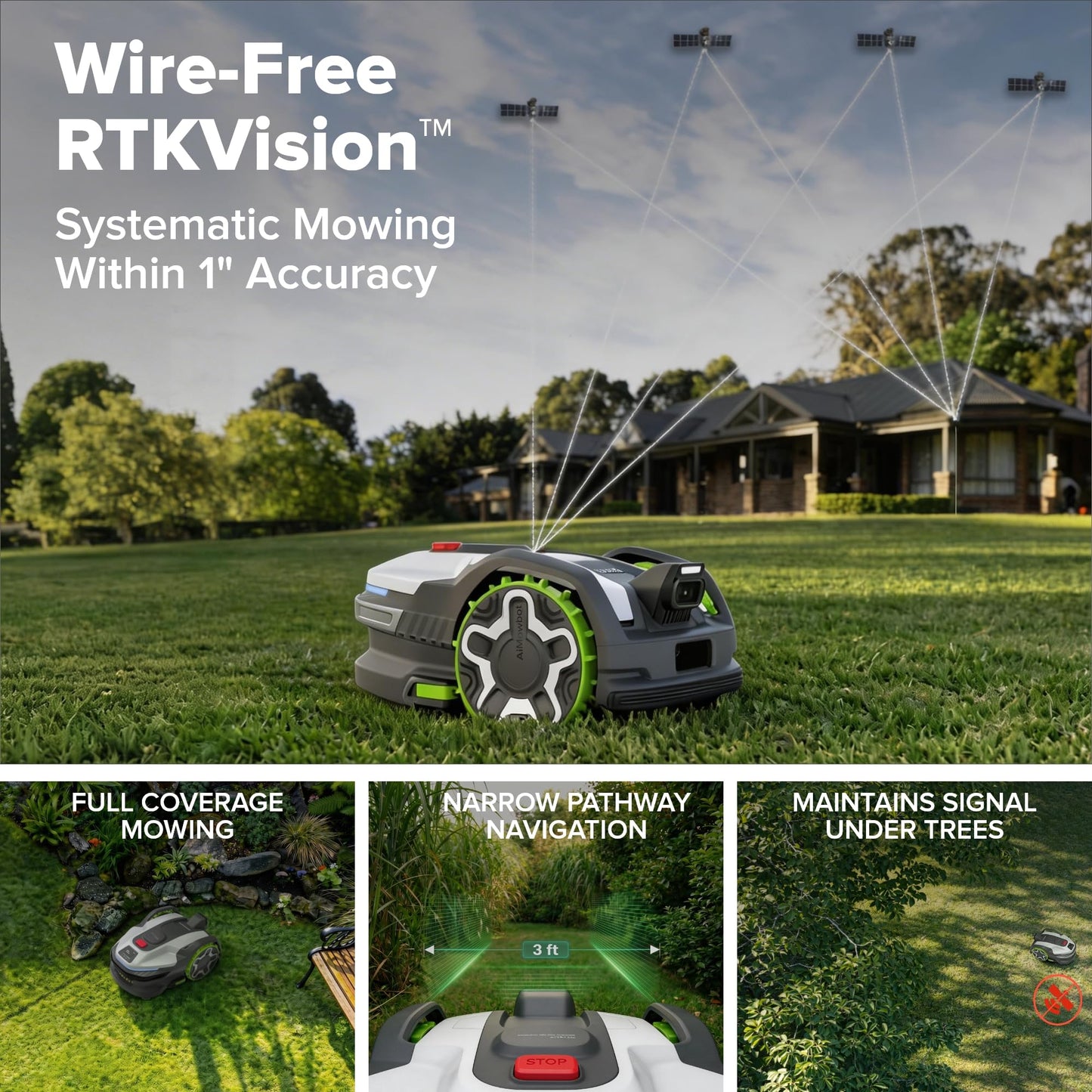 Greenworks C20Z Wire-Free Robotic Lawn Mower, up to 1/2 Acre, RTKVision Navigation, 24-Degree Slope Climbing, Smart Obstacle Avoidance, App Control with Electric Height Adjustment