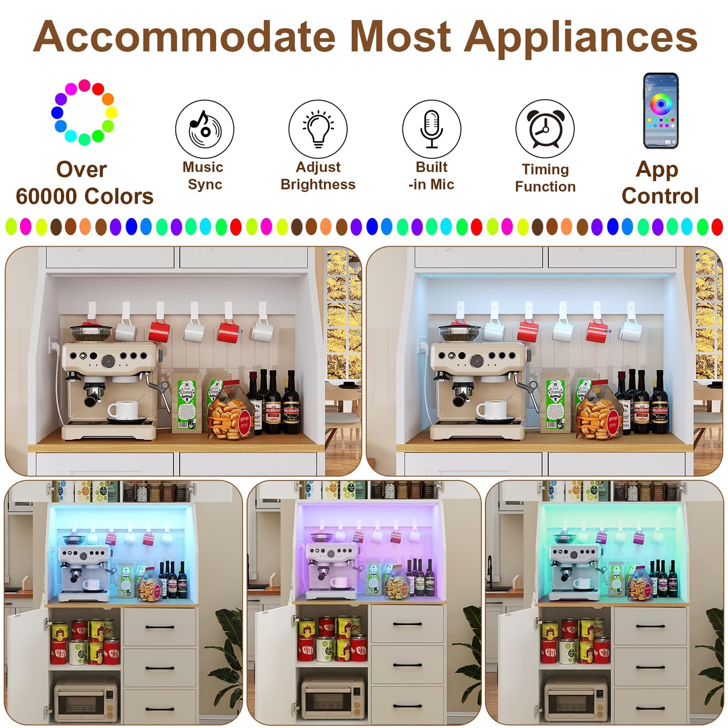 DreamDashio Pantry Cabinet with Adjustable Shelves and 3 Drawers, Tall Kitchen Pantry Storage Cabinet with LED Light & Charging Station, Kitchen Hutch with Microwave Shelf & 6 Hooks for Dining Room
