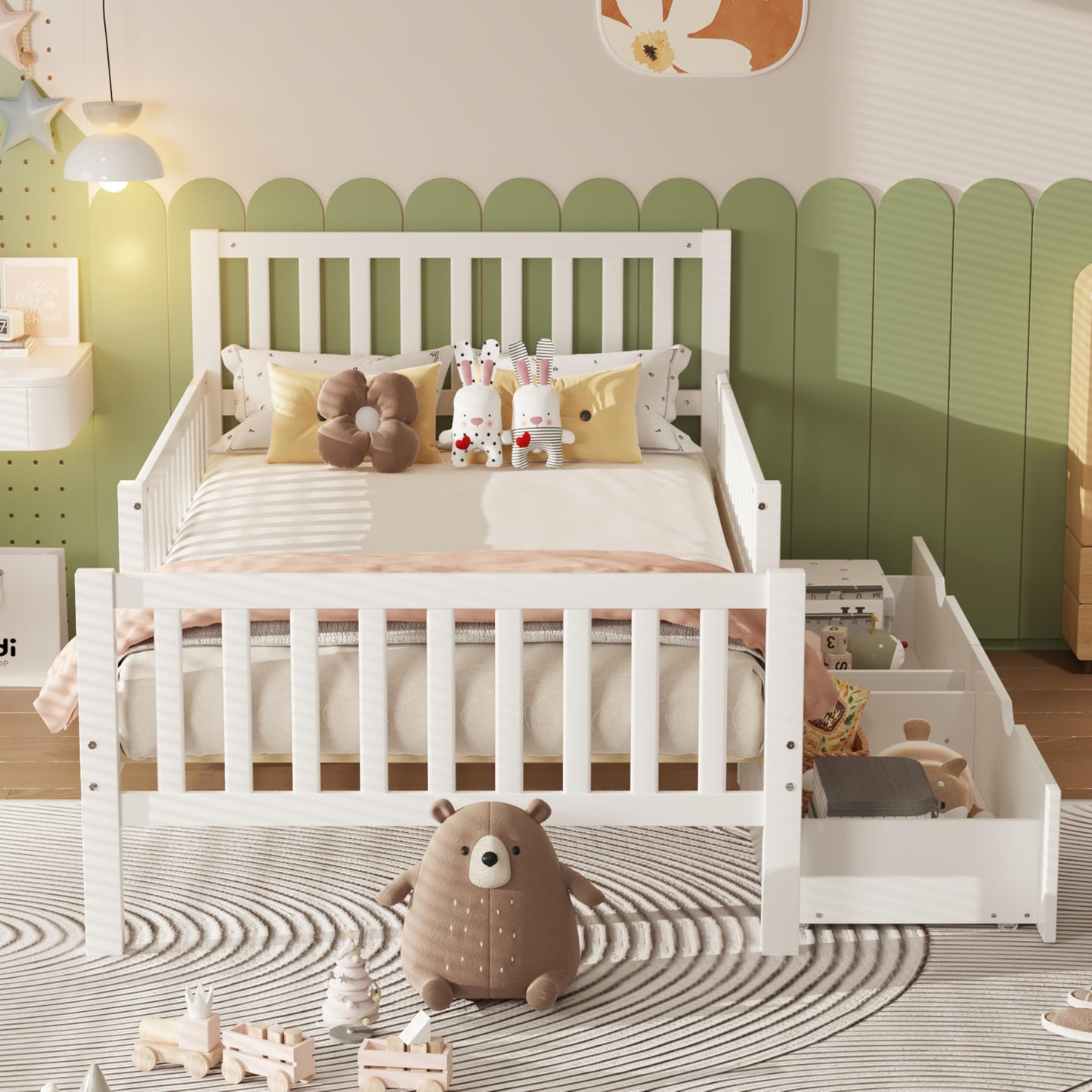 Bellemave Twin Size Kids Platform Bed with Fences and 2 Drawers, Wooden Twin Bed Frame with Guardrails on Both Sides for Boys Girls, White
