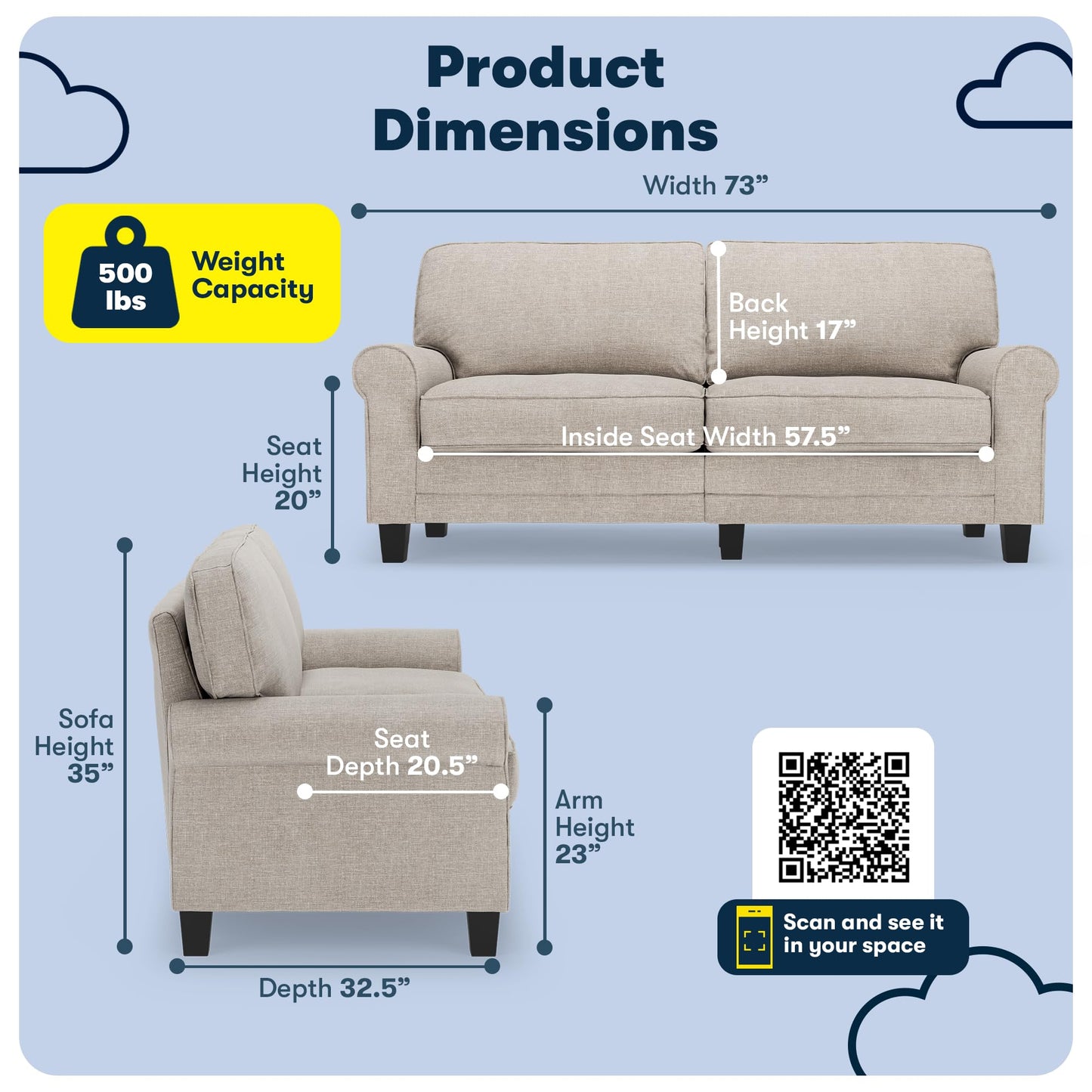 Serta Copenhagen 73" Rolled Arm Sofa, Easy Care Polyester, Soft Pillow Back, Pocket Coil Seat Cushions, Removable Covers, Loveseat or Couch for Small Spaces, Living Rooms or Bedrooms, Light Gray