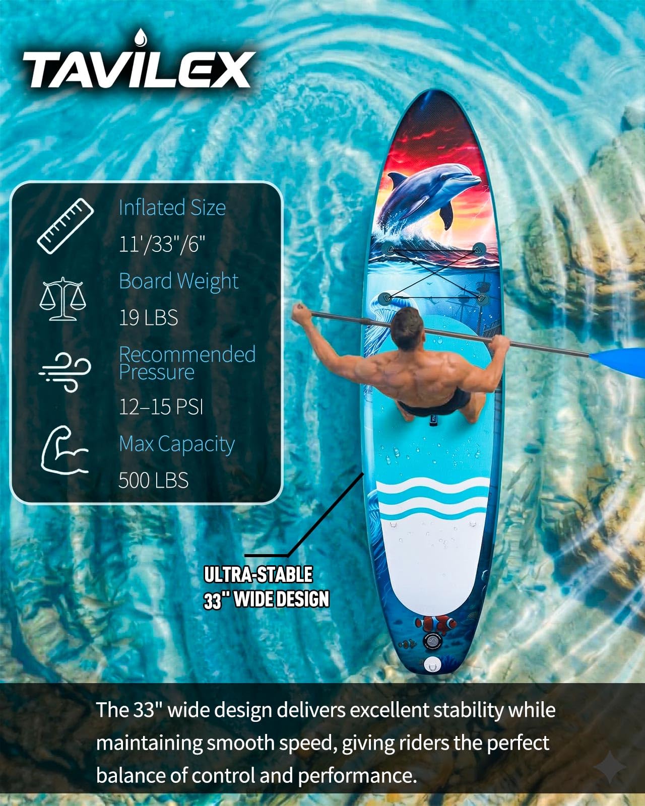 Tavilex Inflatable Stand Up Paddle Board with Seat, 11' x 33" x 6" Ultra-Wide 2-in-1 SUP Board for Adults & Youth, Stable Blow Up Paddleboard Kit with Dual-Blade Paddle (Ocean Dolphin)
