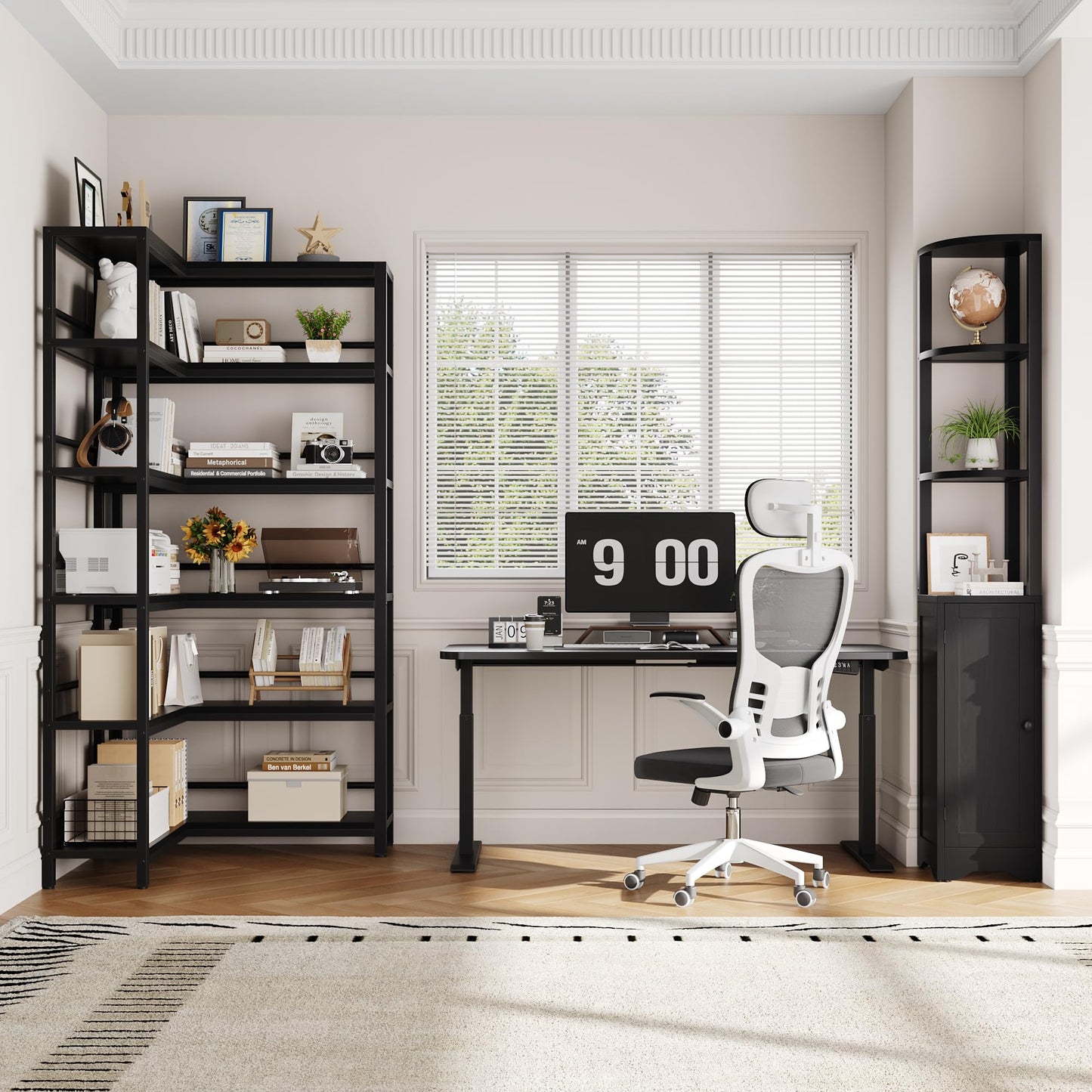 Keyluv Modern 72" Tall Corner Bookshelf with Storage Cabinet, Large 2-Piece Reversible L-Shaped Bookcase with Door, 6-Tier Display Shelf for Living Room, Home Office, Pantry, Black