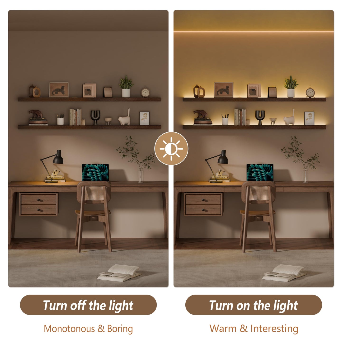 ONOTETUT 60 inch LED Gaming Floating Shelves for Wall,Solid Wood Long Wall Shelves Set of 2 with Light for Gaming Room,Walnut Rustic Wall Mounted Shelves for Living Room Bedroom Kitchen Garage