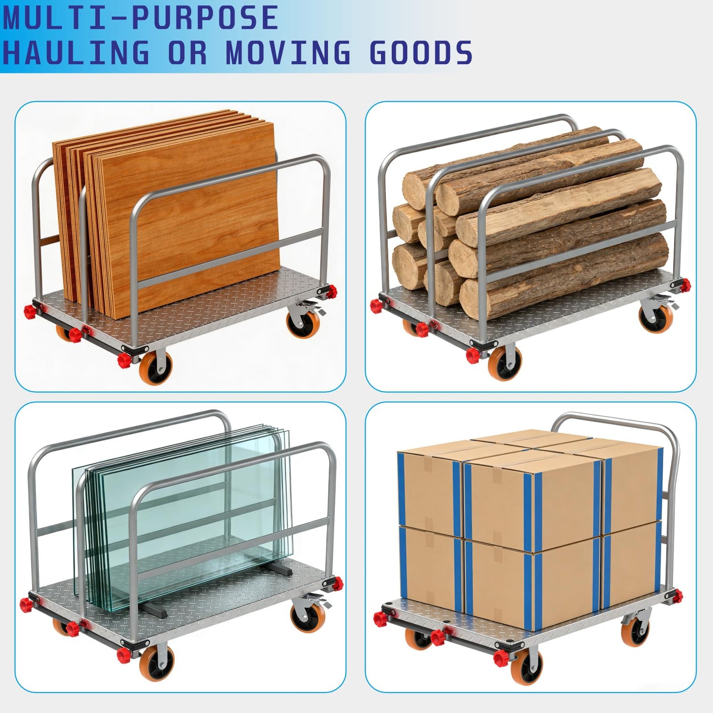 2-in-1 Steel Panel Cart with 3000 lbs Capacity Lumber Drywall Dolly Cart, 6" Swivel Brake Wheels Heavy Duty Table Truck Flatbed Cart with 1Front and 3Side Handrails 44 X 28inch 2mm