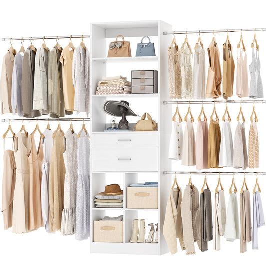 Besiost Closet System, 4-8 FT Closet Organizer Tower with 2 Wooden Drawers and Shelves, Can Fit 60 to 96 inch Walk-in Closet System with 5 Hanging Rods, Built-in, White
