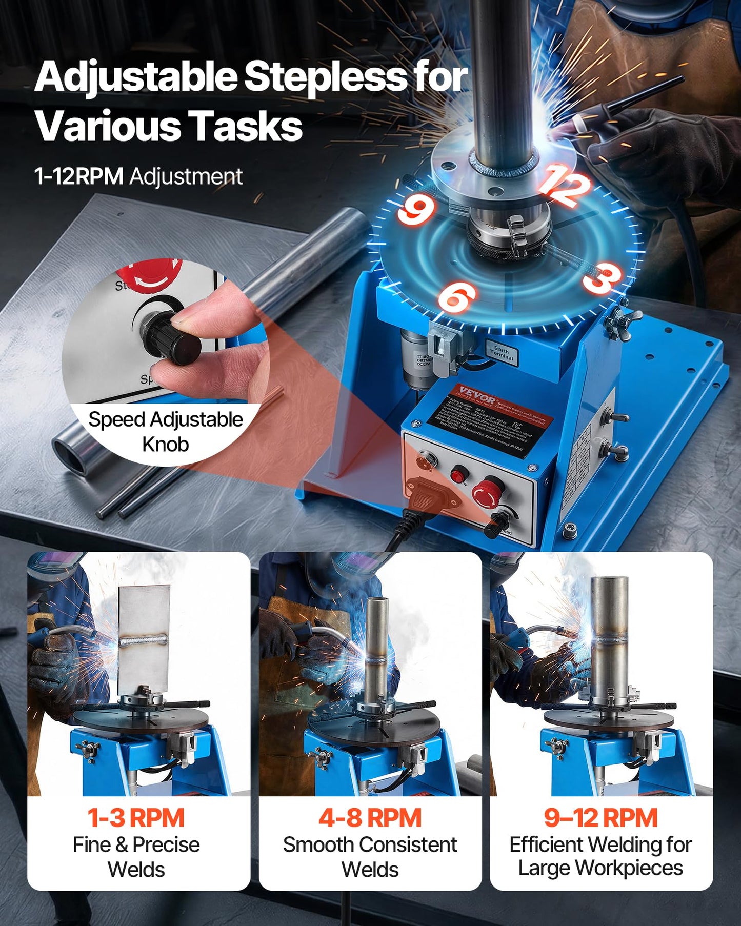 VEVOR Rotary Welding Positioner 10KG, 1-12 RPM 20W, Adjustable 0-90° Turntable with 8.1 Inch 3-Jaw Chuck, Compact Welder Machine for Precision Cutting, Grinding, Assembly, and Testing