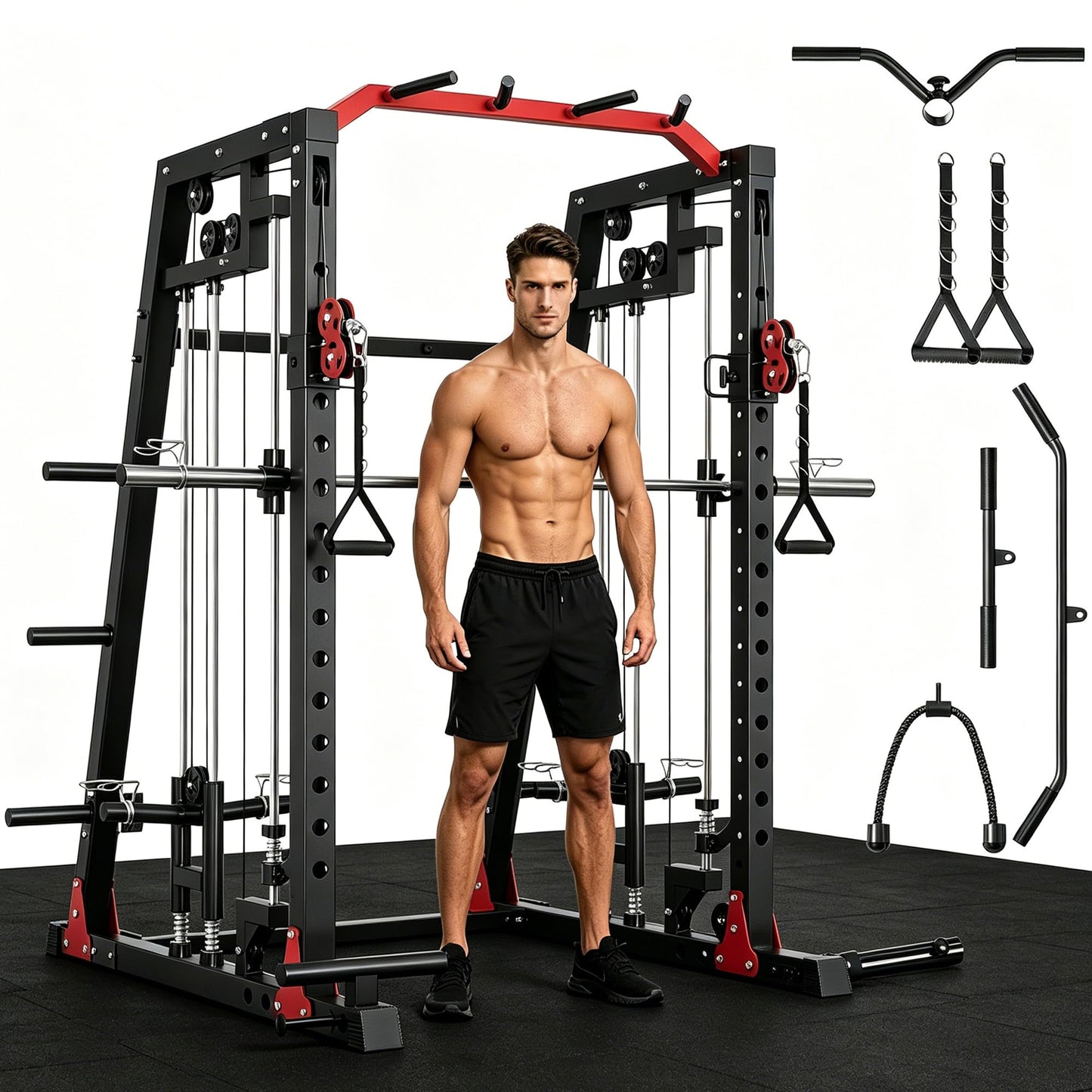 Smith Machine All-in-1 Home Gym, 2000 LBS Capacity Power Cage with Dual Independent Pulley System, 360° Landmine, Pull-Up Bar & Weight Storage – Heavy Duty Full Body Workout Station for Home & Garage