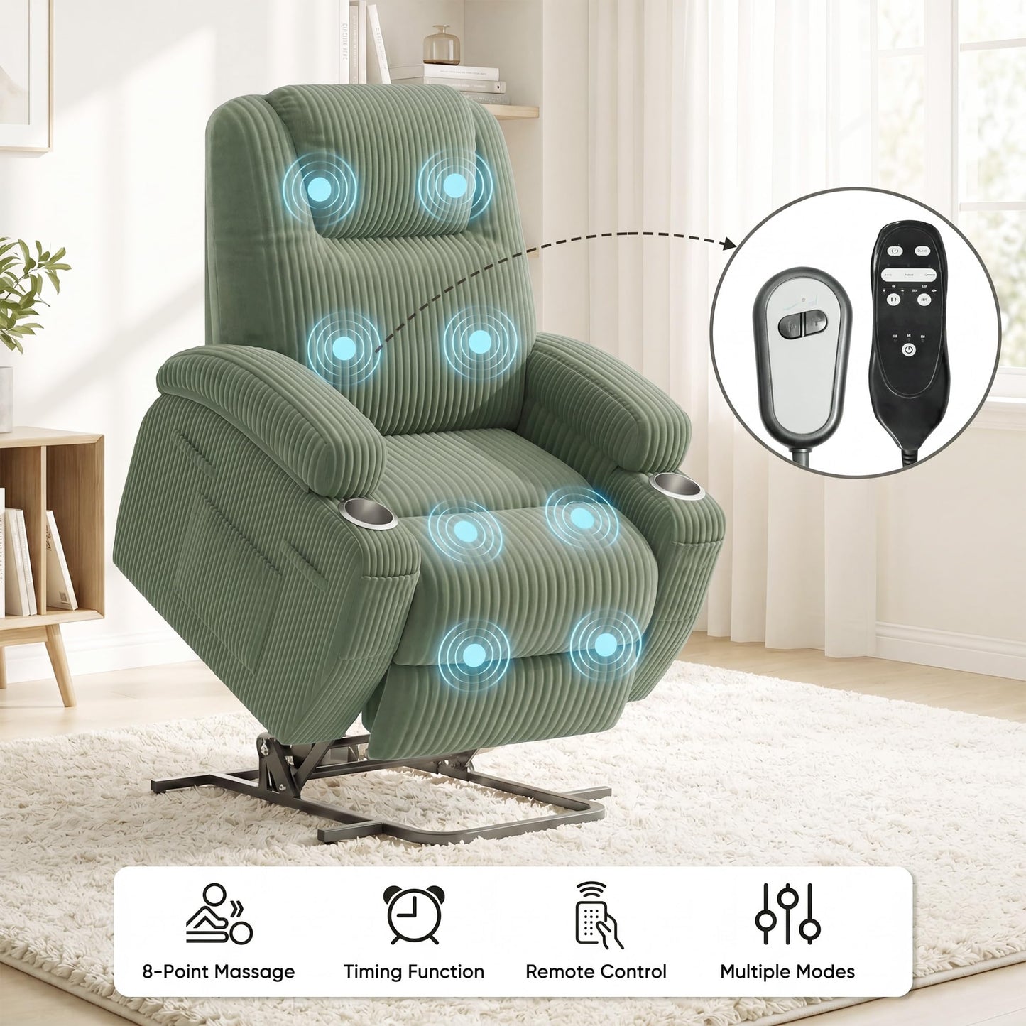 Flamaker Power Lift Chair Massage Recliner Chairs for Elderly, Corduroy Ergonomic Design with Cup Holders & Side Pockets, Remote Control (Green)