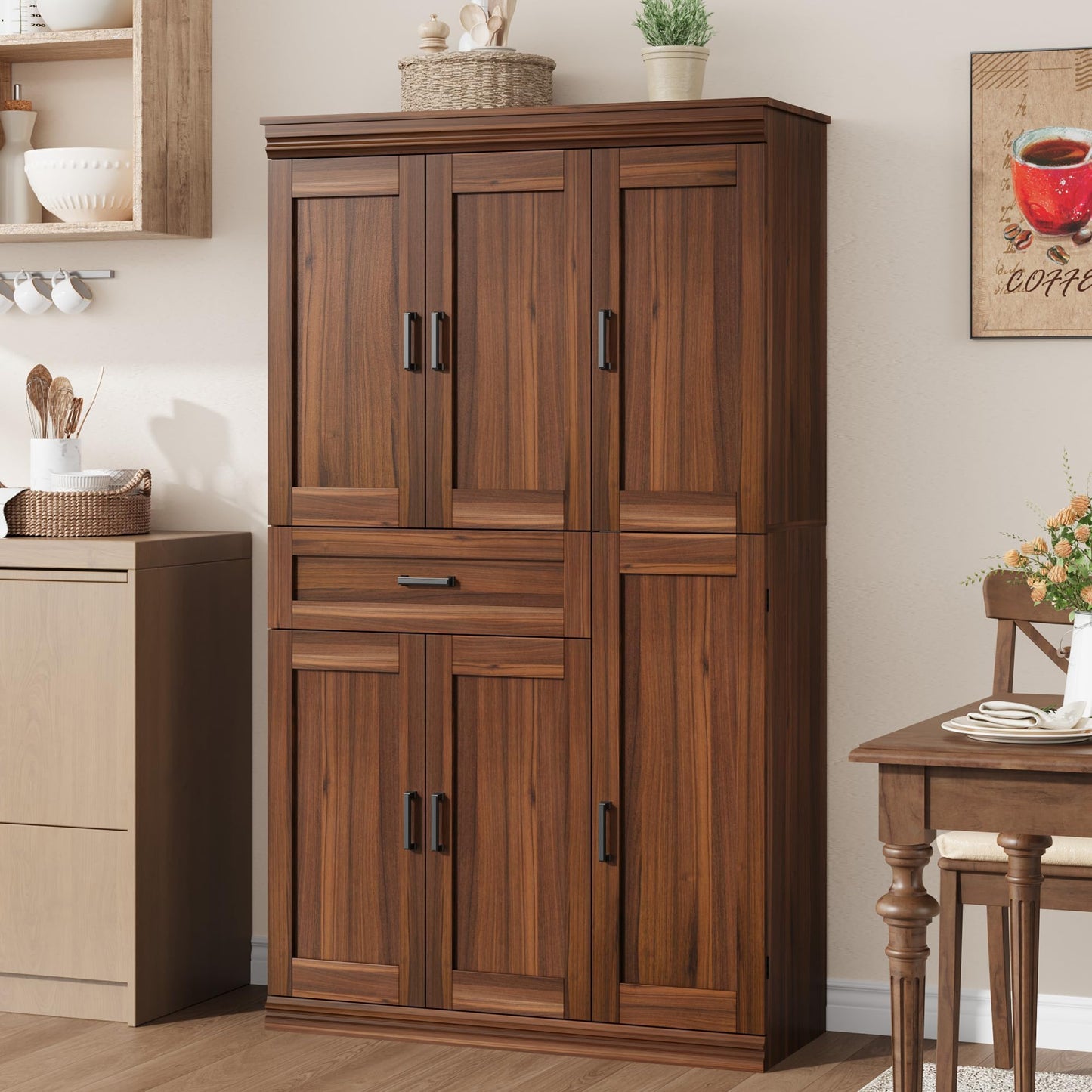 Garvee 70" Tall Kitchen Pantry Storage Cabinet, Modern Kitchen Hutch Cabinet with Doors and Shelves, Freestanding Food Pantry with Large Storage Drawer for Dining Room and Household Organization