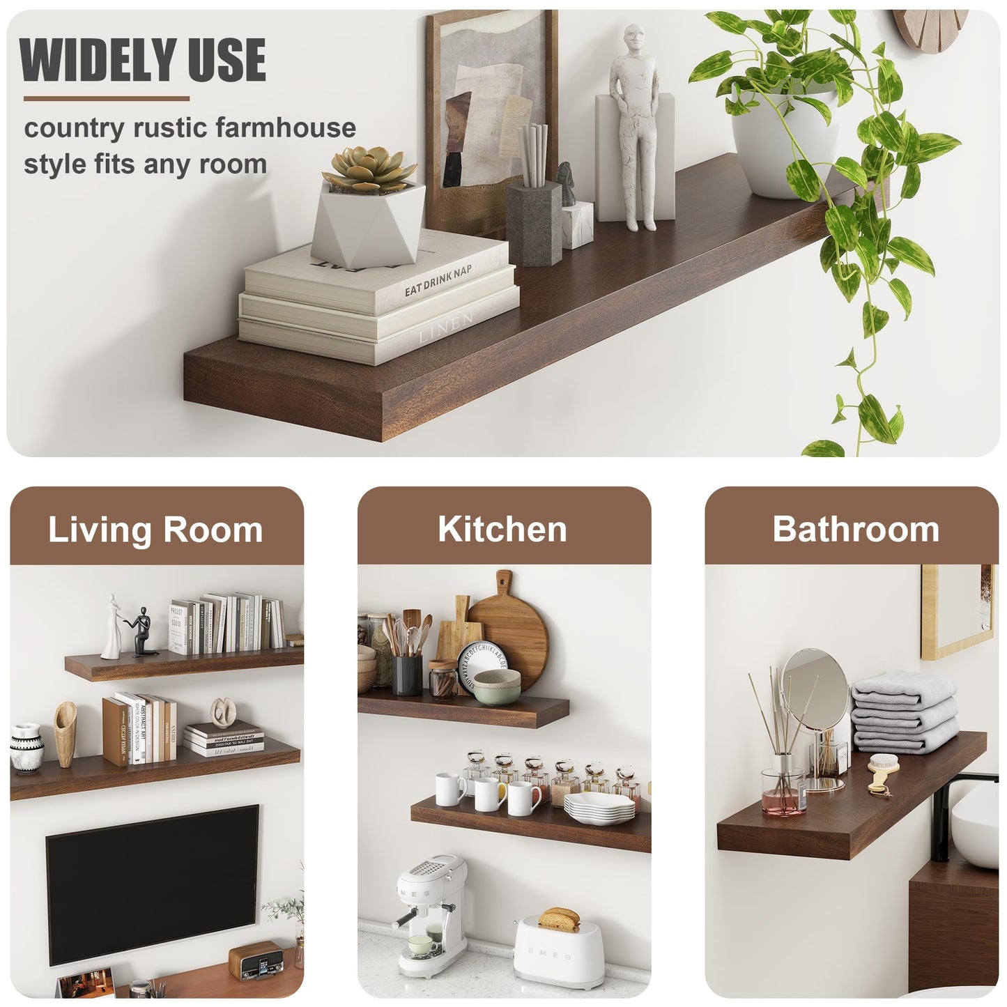 FLYJOE Floating Shelves for Wall, USA-Sourced Walnut Wood 36 Inch Long Wall Shelves Set of 2, Natural Wooden Wall Mounted Picture Ledge Shelf, Nursery Book Storage Shelf Kids Bookshelf, Display Shelf