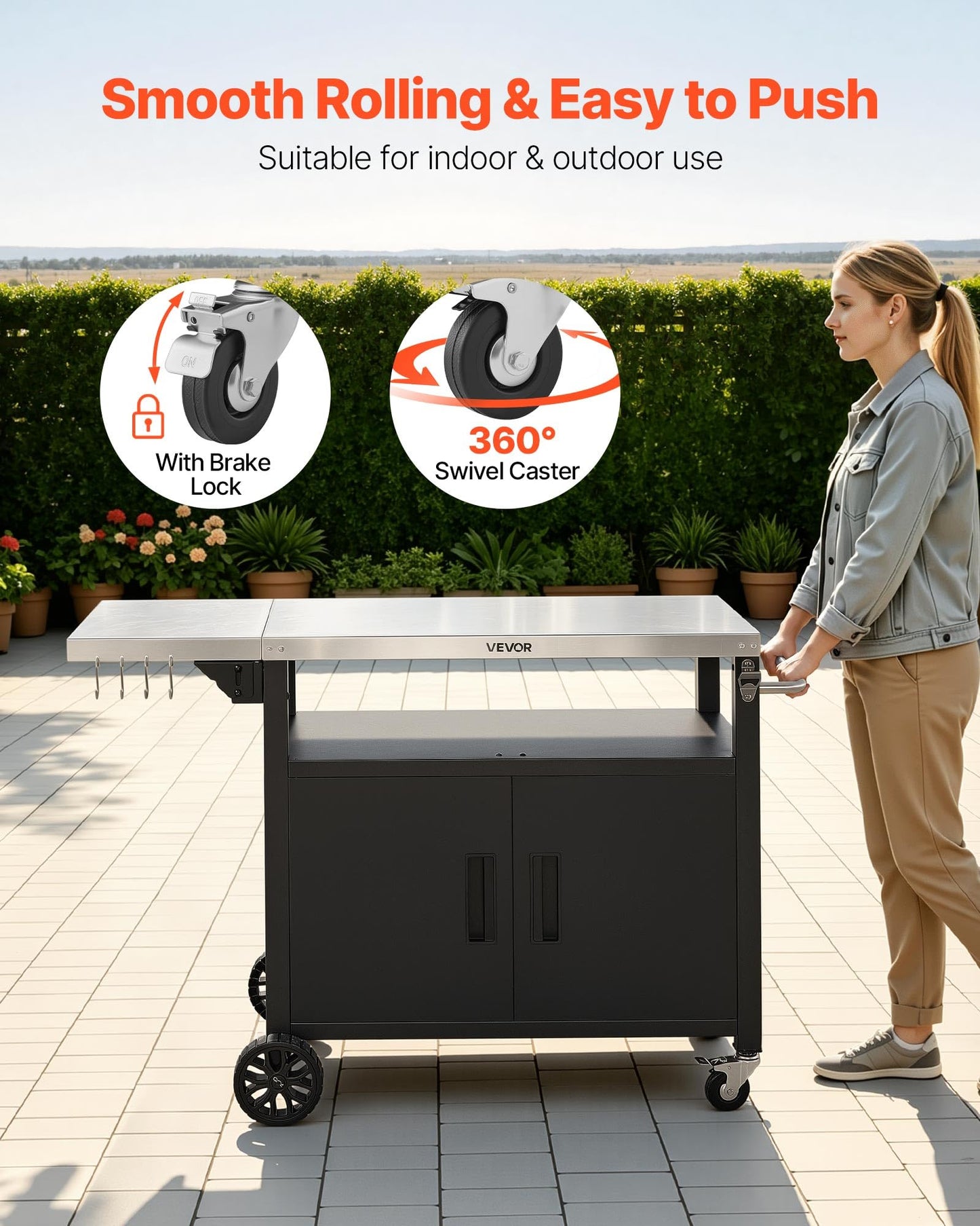 VEVOR Outdoor Grill Cart with Storage Cabinet, 48.9 Inch Grill Table, Waterproof Kitchen Island with Stainless Steel Top, Shelf, and Wheels, Movable Food Prep Station for Patio Bar Backyard BBQ