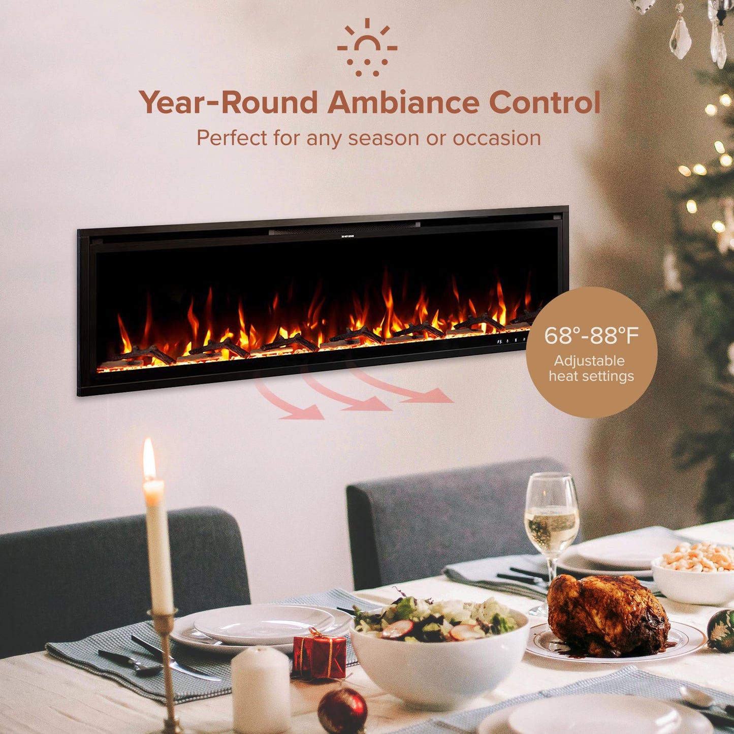 Modern Ember Aerus Slim 60 Inch Smart Linear Electric Fireplace | Recessed in-Wall or Wall-Mount | LED Multiple Flame Colors | Alexa/WiFi Enabled | 4.25” Profile | Remote Included