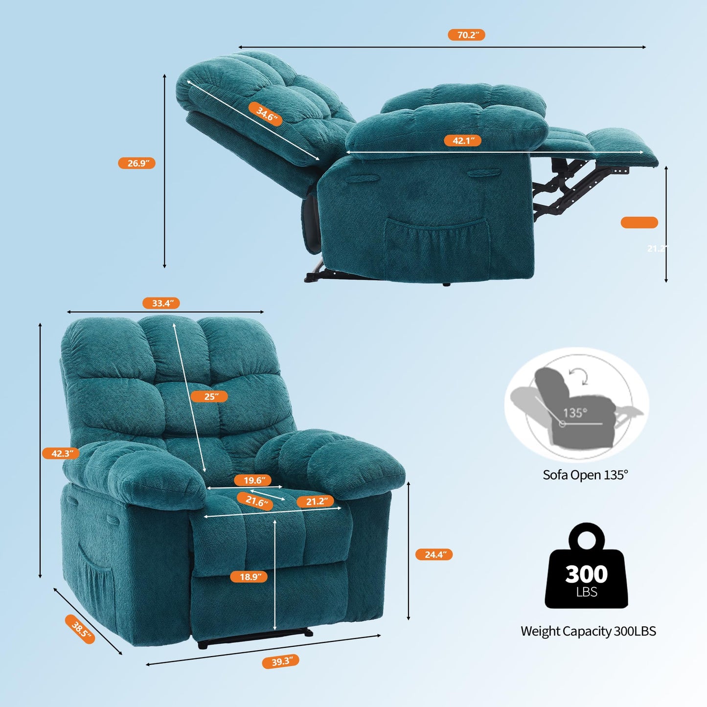 21.2'' Manual Recliner Chair,Ergonomic Overstuffed Breathable Fabric Reclining Chair with Side Pockets,Q235 Steel Frame Lazy Boy Recliner Single Sofa for Living Room Bedroom