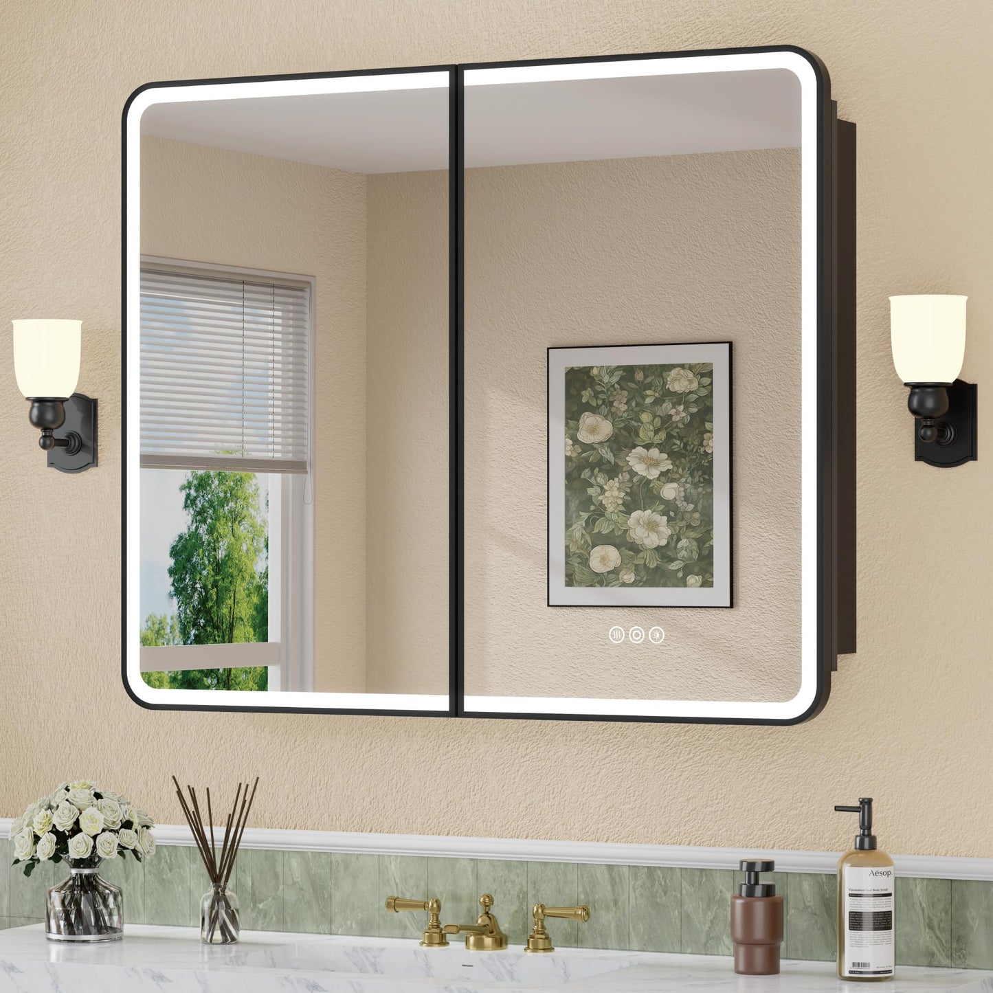 HBEZON 36 x 30 Inch Recessed Medicine Cabinet Mirror with Lights, Wall Mounted LED Bathroom Mirror Cabinet, Dimmable, Anti-Fog, Memory Function, 3 Color Modes, Adjustable Shelf, ETL Certified, Black
