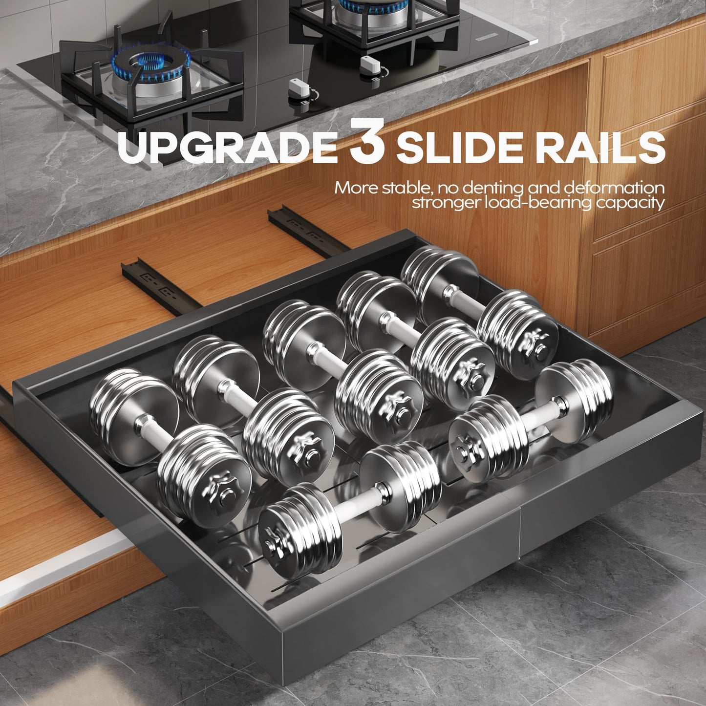 Seinloes 4 Pack Expandable Width (15.15"-26.3") Pull Out Cabinet Organizer 21" Deep with Raising Pad for Framed Cabinets, Upgrade 3 Slide Rails Slide Out Drawers, Roll Out Shelves Adhesive, Black