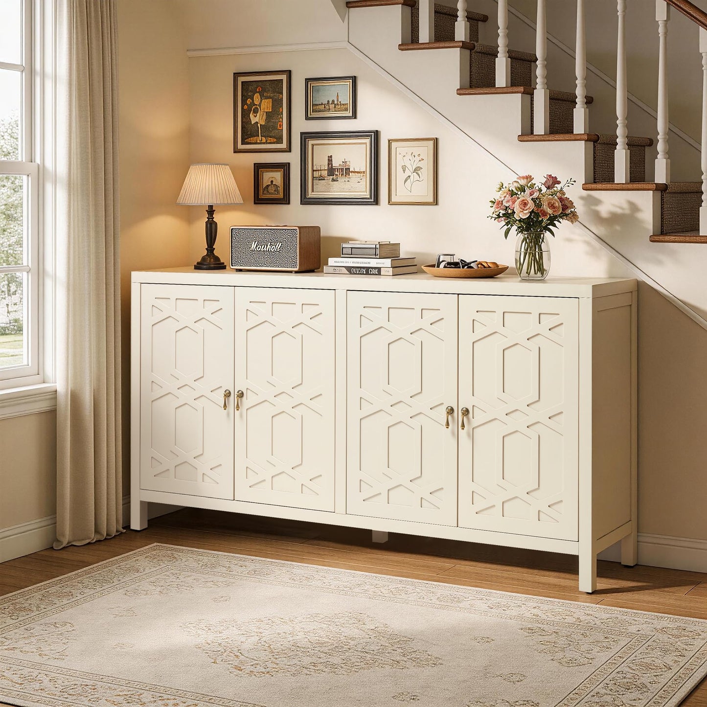 FansaFurn 60'' Buffet Cabinet with 4 Doors, Modern Wood Sideboard with Adjustable Shelves, Painted Coffee Bar Table Credenza Storage Cabinet for Living Room, Dining Room, Beige