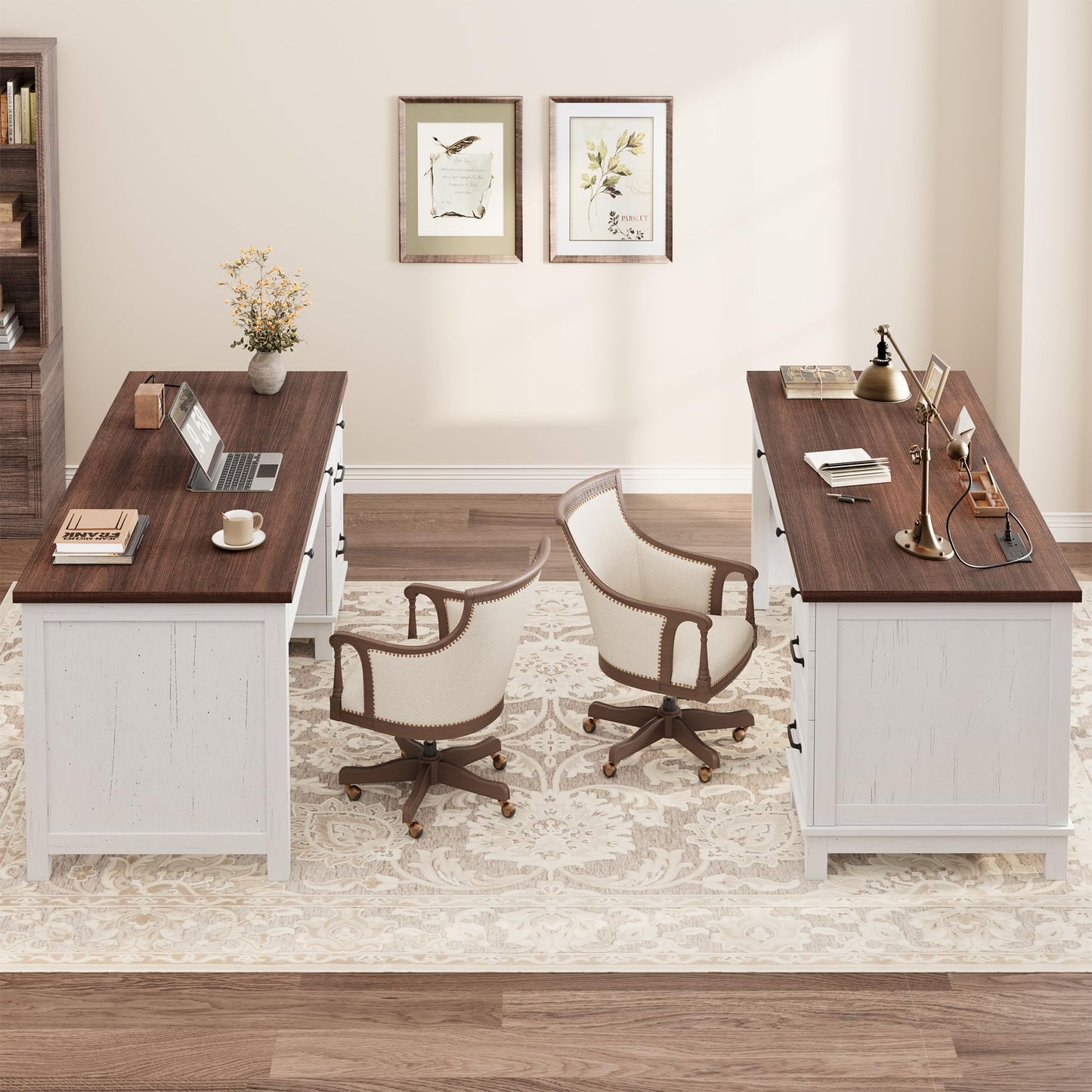 GarveeHome Executive Desk with Drawers, Farmhouse Home Office Desk with Charging Station, 53.54 in Wooden Computer Desk with File Cabinet Storage for Work Study Writing,White Walunt
