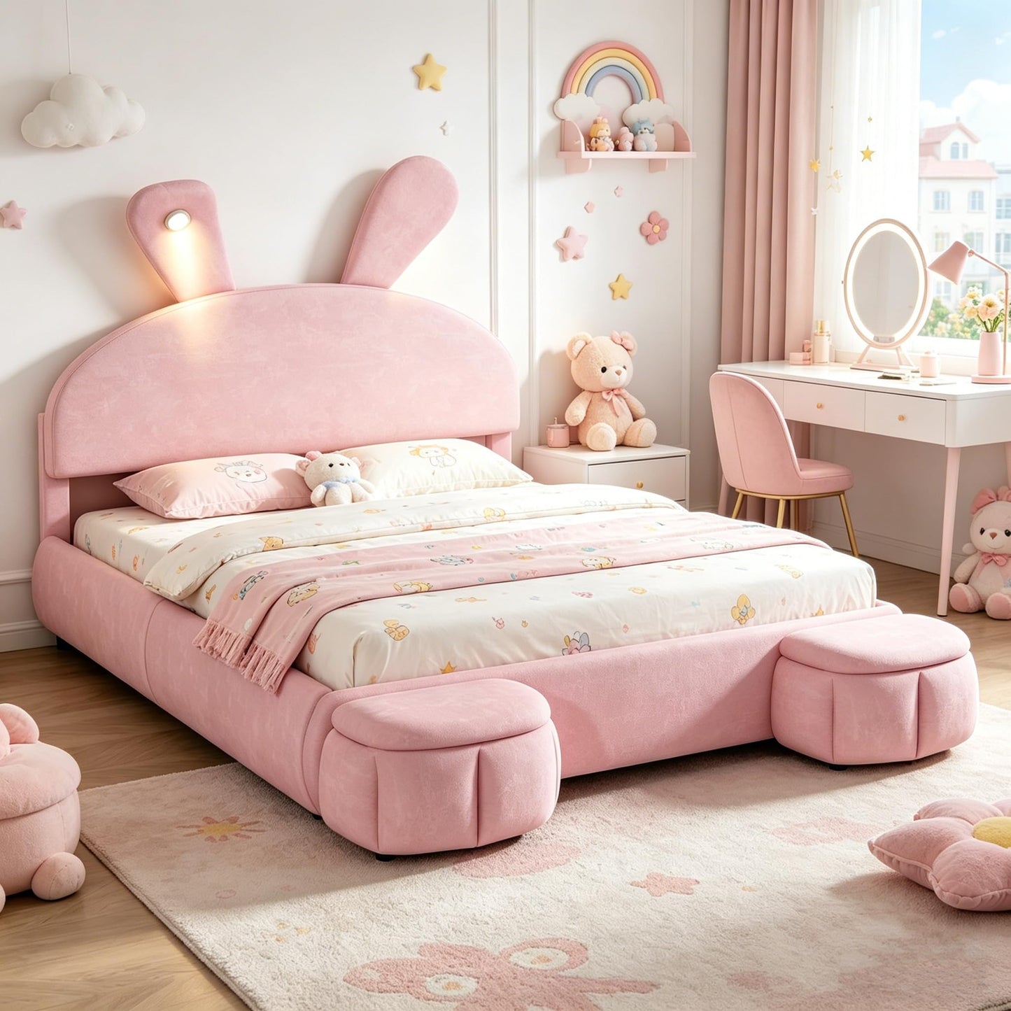 Merax Full Size Upholstered Platform Bed, with 2 Storage Stools, Cute Cartoon Ears Shaped Headboard, with a LED Light, Pink