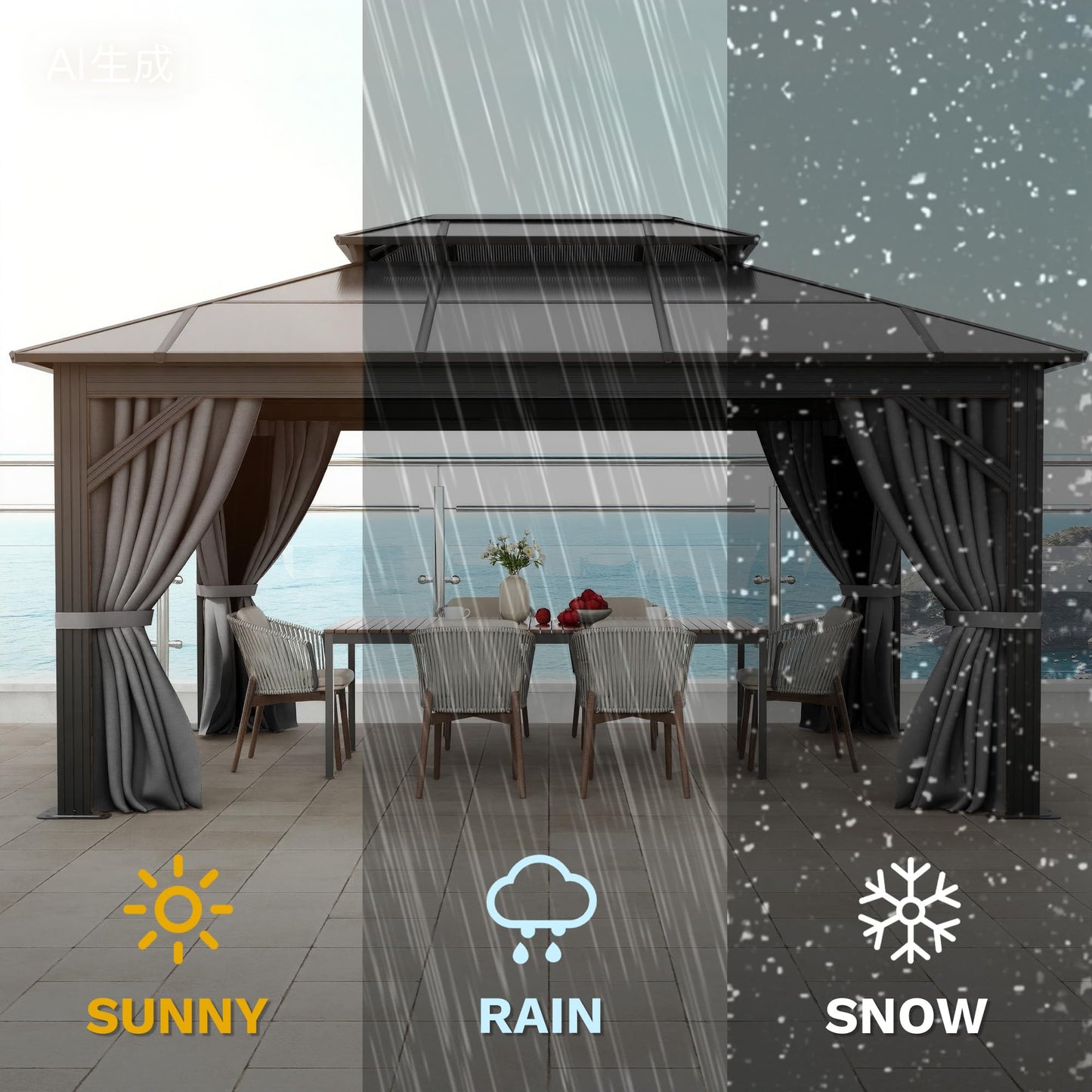 DWVO 10x12ft Gazebo Hardtop Double Roof Polycarbonate Canopy Outdoor with Netting and Shaded Curtains, Metal Frame Garden Tent for Patio, Backyard, Deck and Lawns, Gray