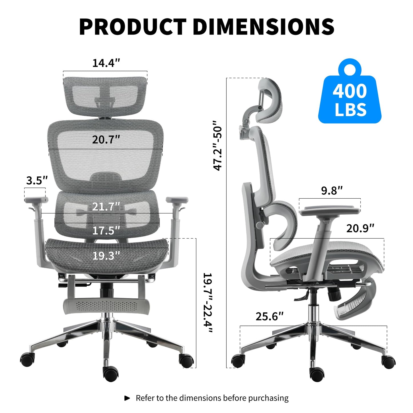 hujusko Mesh Ergonomic Office Chair with Footrest, High Back Mesh Gaming Chair with Lumbar Support, Adjustable Headrest and Armrests for Home Office Desk Chair (Modern, Grey)
