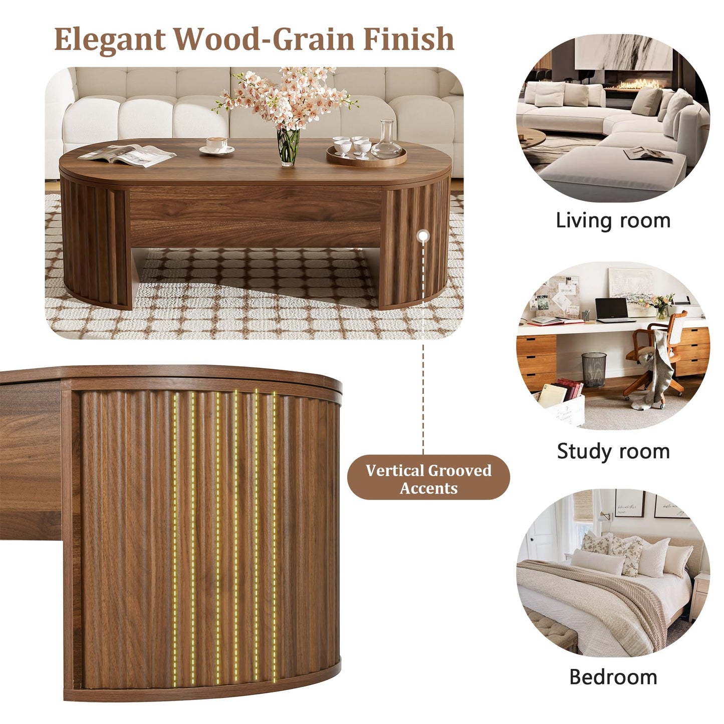 Merax 47.2'' Lift Top Oval Coffee Table with Hidden Storage Compartment, Modern Wooden Center Table with Oval Lift Tabletop for Home Living Room, Brown
