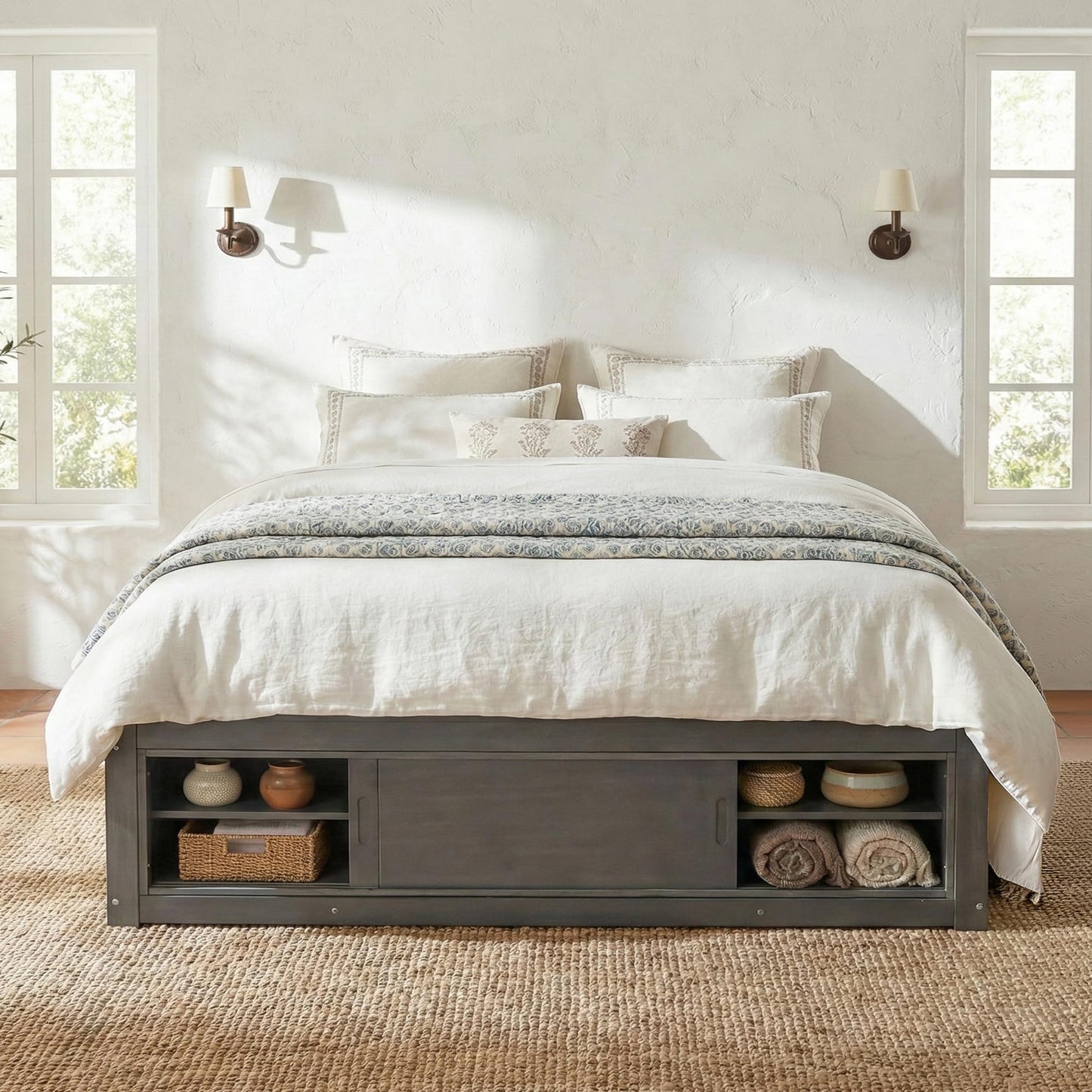 Merax Queen Size Wood Platform Bed with 4 Underbed Drawers and Footboard Storage Cubby, Minimalism Bed Frame with Solid Wooden Slat Support for Bedroom, No Box Spring Needed, Easy Assembly, Gray