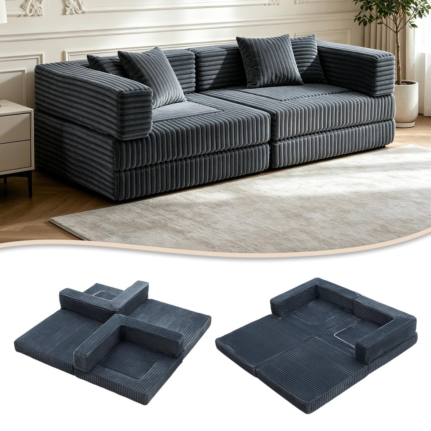 Umoving 2PCS Modular Floor Sofa Set, Convertible Sofa Bed with Adjustable Backrest, Family Seating for Kids, Teens & Adults, Lounge Couch for Gaming, Reading & Relaxing, Grey