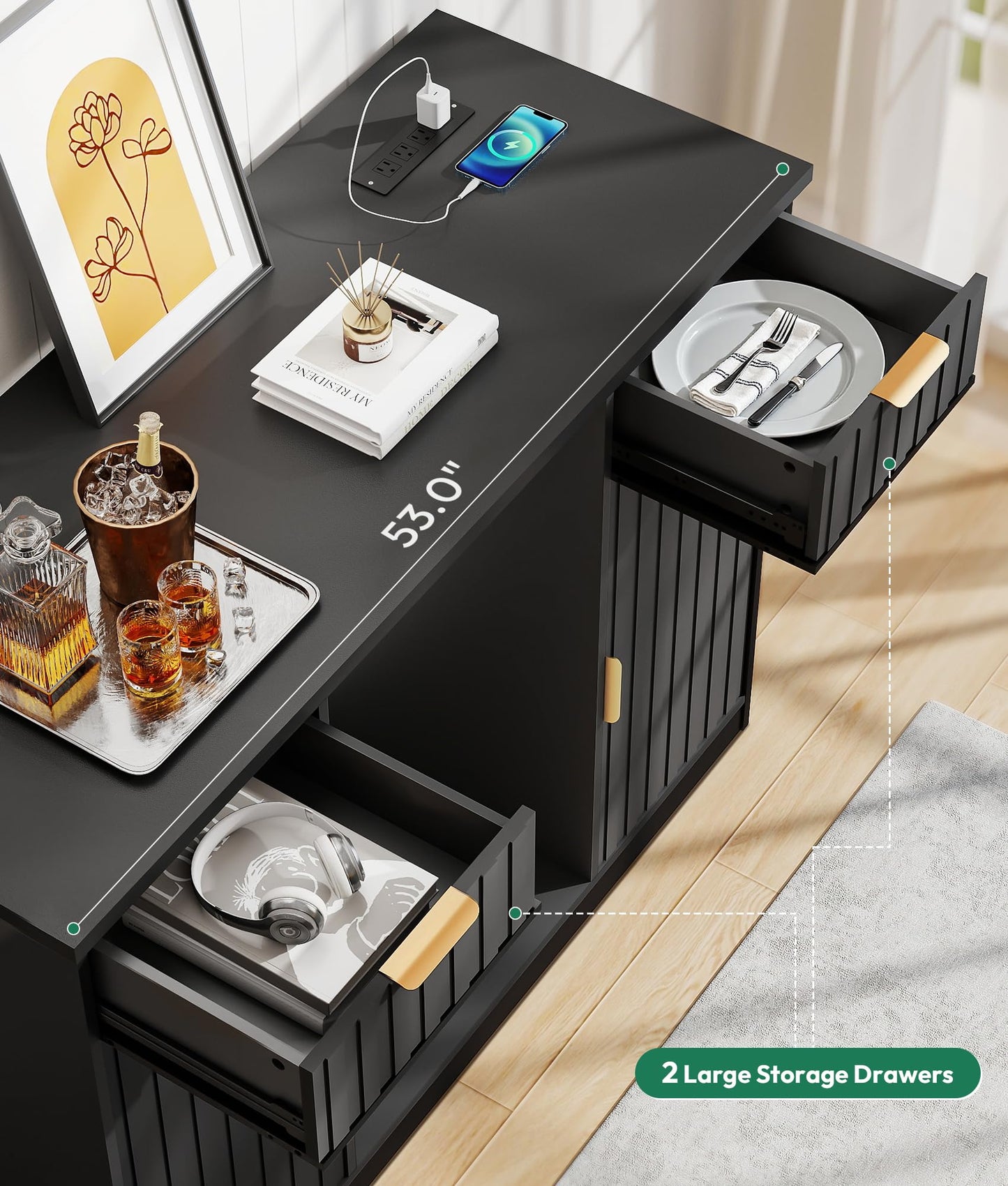 Lamtor Coffee Bar Cabinet with Storage - 53" Mini Fridge Cabinet with Power Outlet, Fluted Wine Bar with Drawer & Door Storage for Kitchen Dining Room, Black