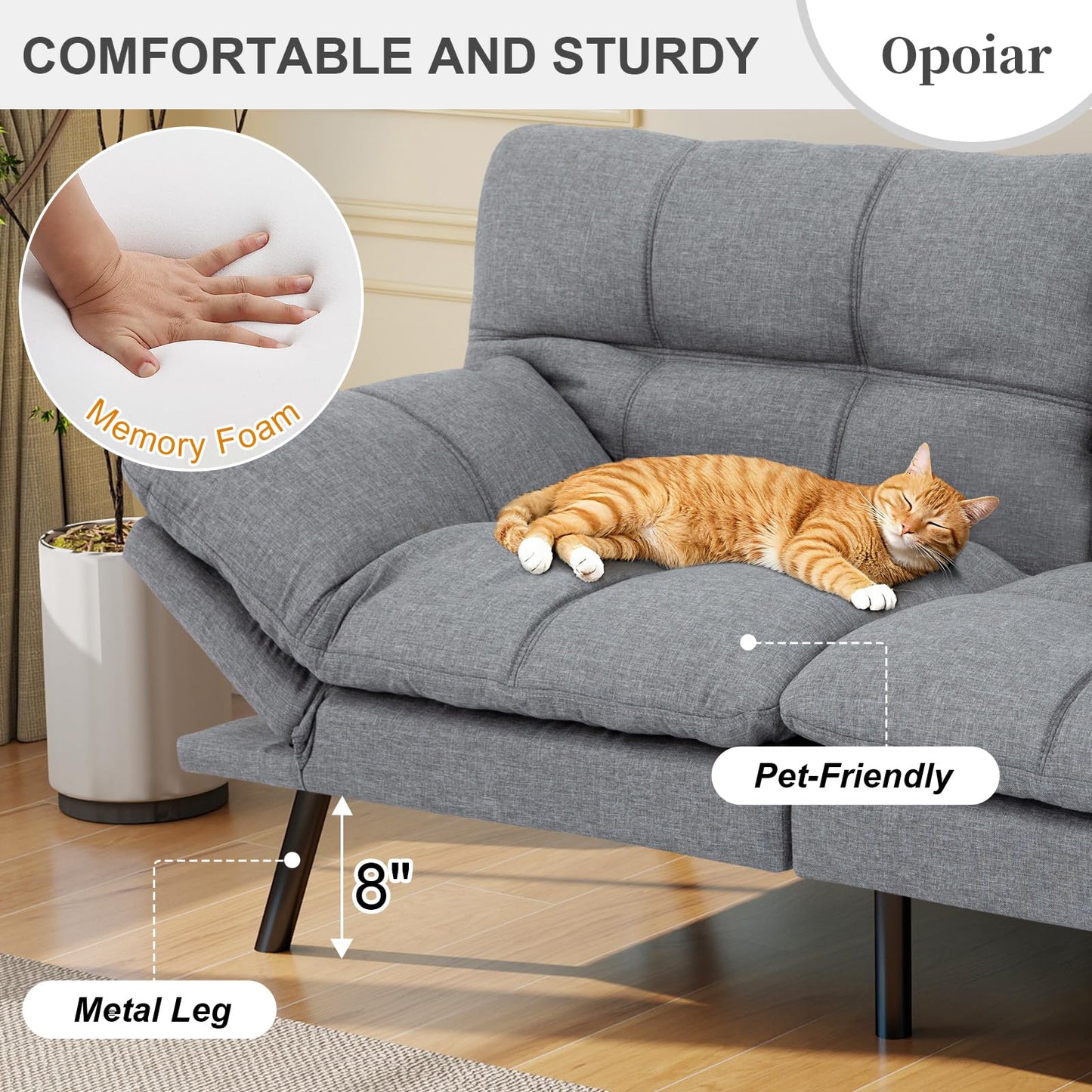 Opoiar Futon Sofa Bed Convertible Memory Foam Couch Bed Futon Sets Folding Modern Sleeper Sofa Gray Loveseat for Studio,Drom,Apartment,Game Room and Small Space