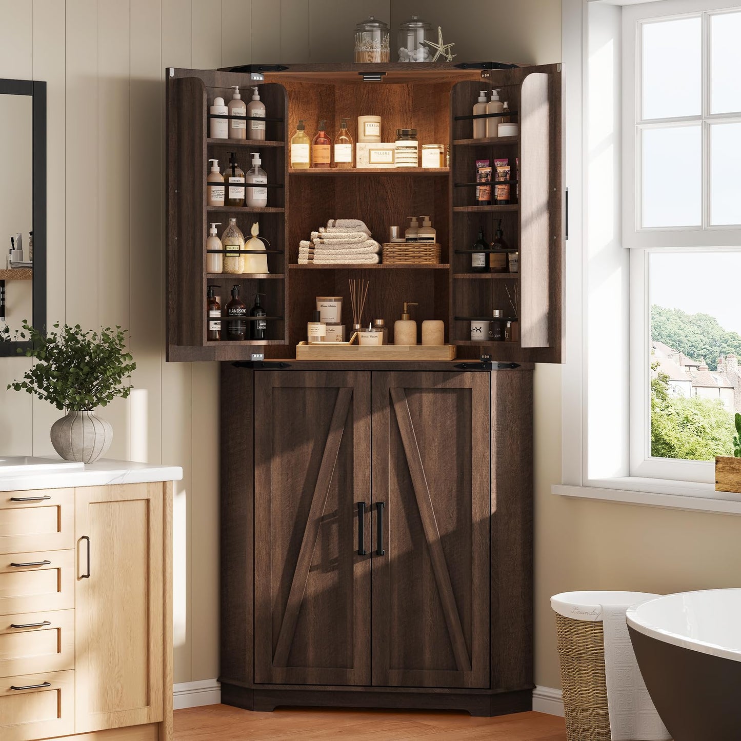 Dripex 71" Brown Farmhouse Corner Pantry Cabinet with LED Light, Tall Storage Cabinet with Doors & Adjustable Shelves, Food Pantry for Kitchen, Living Room, Dining Room