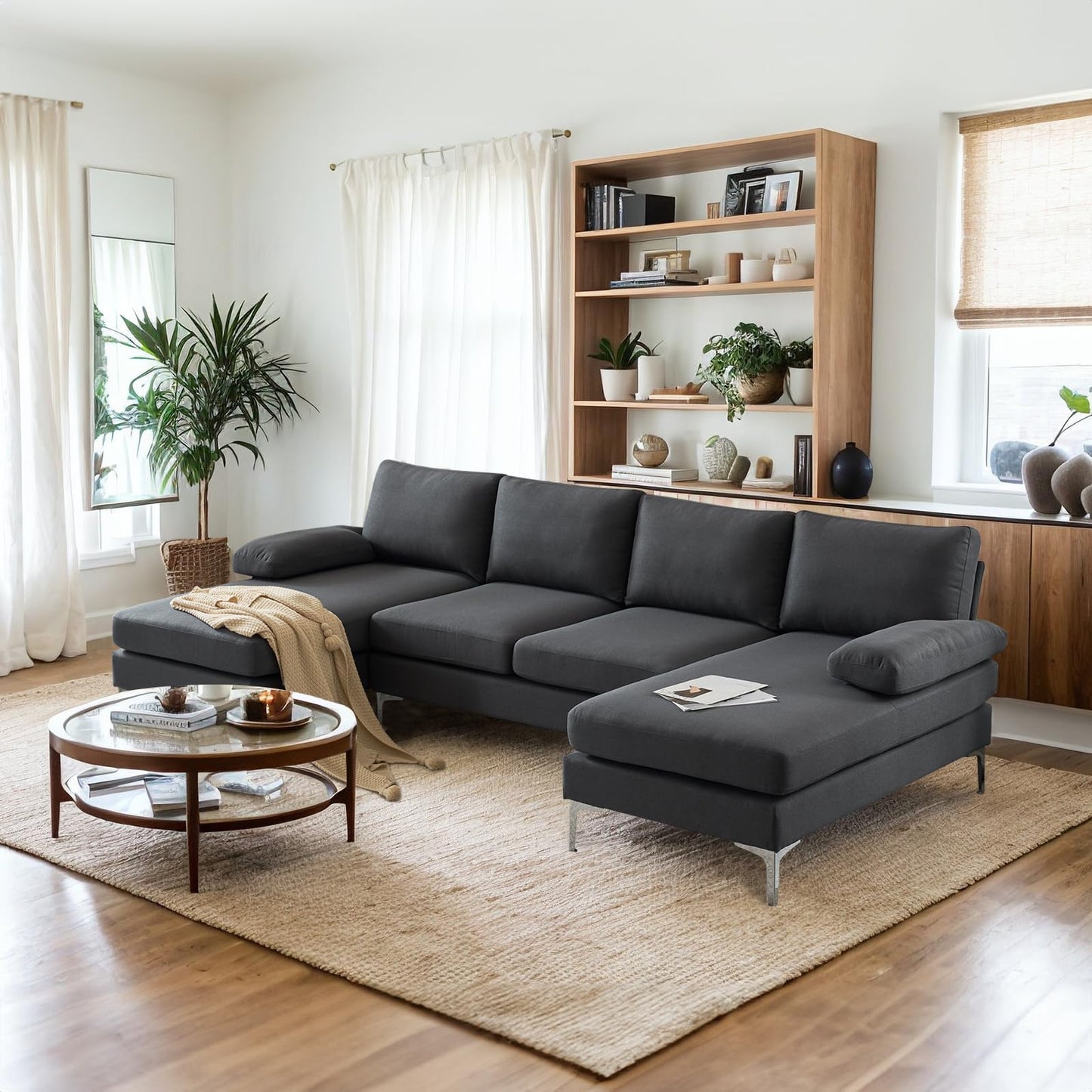VINGLI 110" Modern Sectional Couch with 51" D Double Chaise, Dark Grey Deep Seat U Shaped Couch with Removable Pillows & Metal Legs, Comfy 4-Seat Sofas for Living Room, Linen Fabric